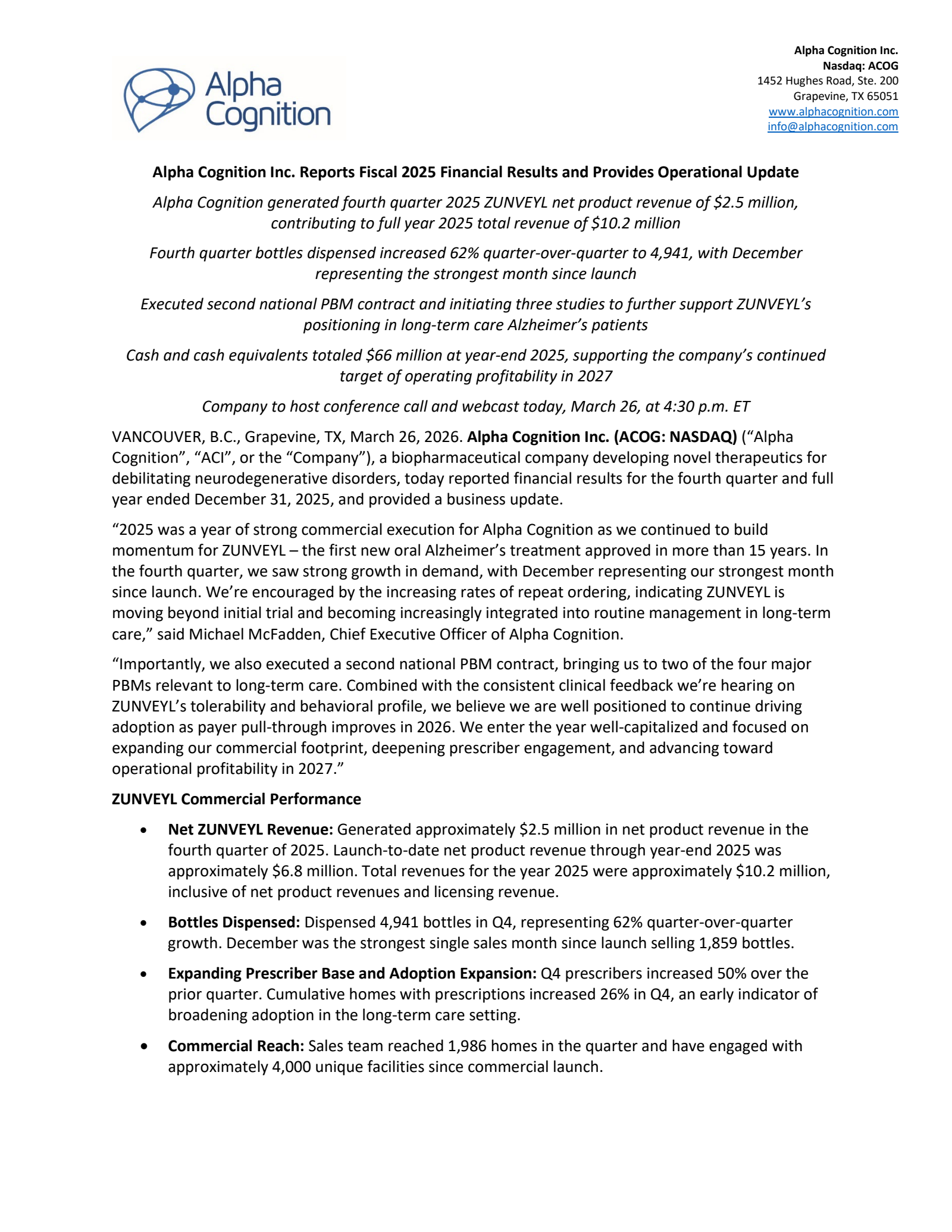 Alpha Cognition's Q4 2025 Press Release