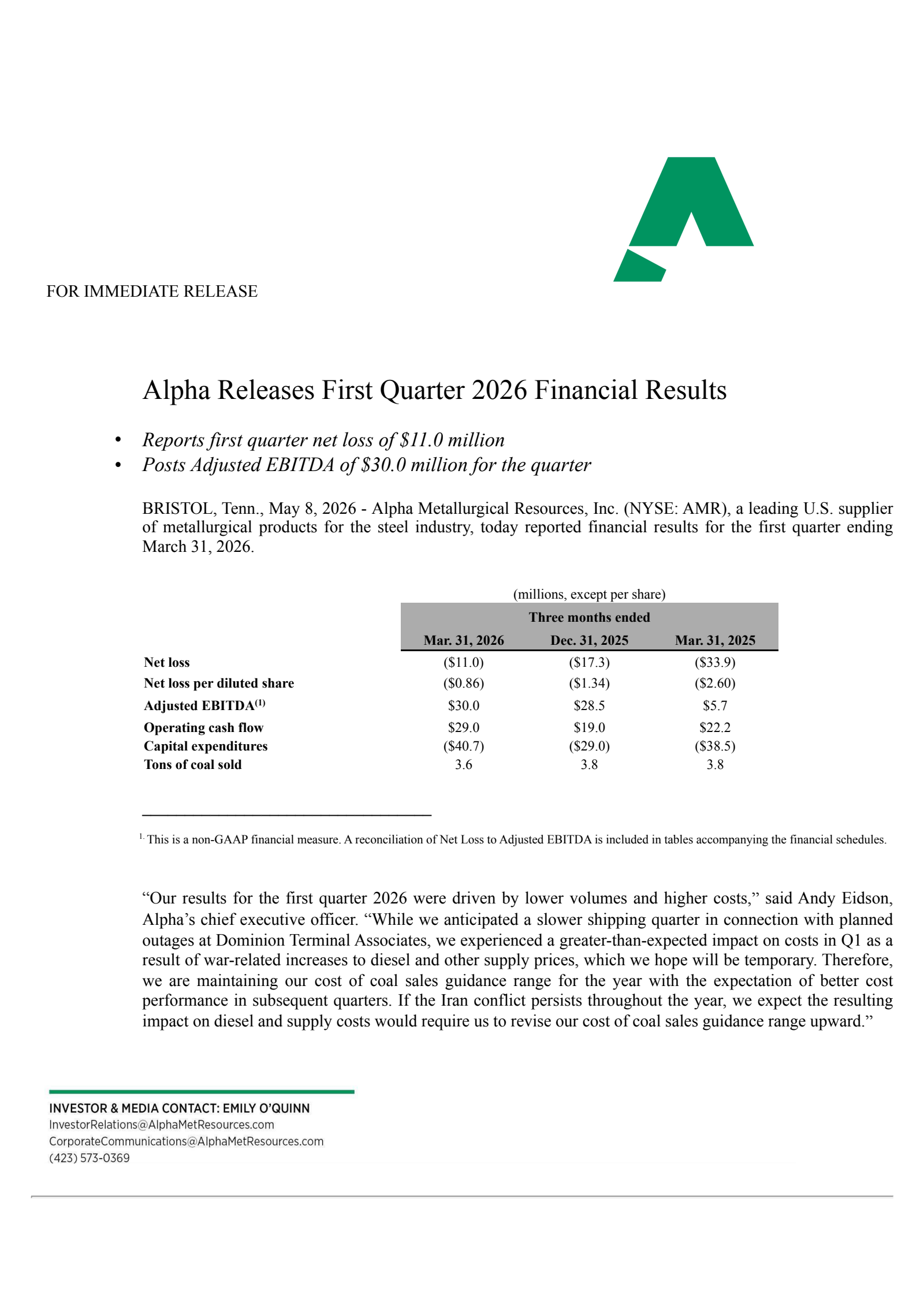 Alpha Metallurgical Resources' Q1 2026 Press Release