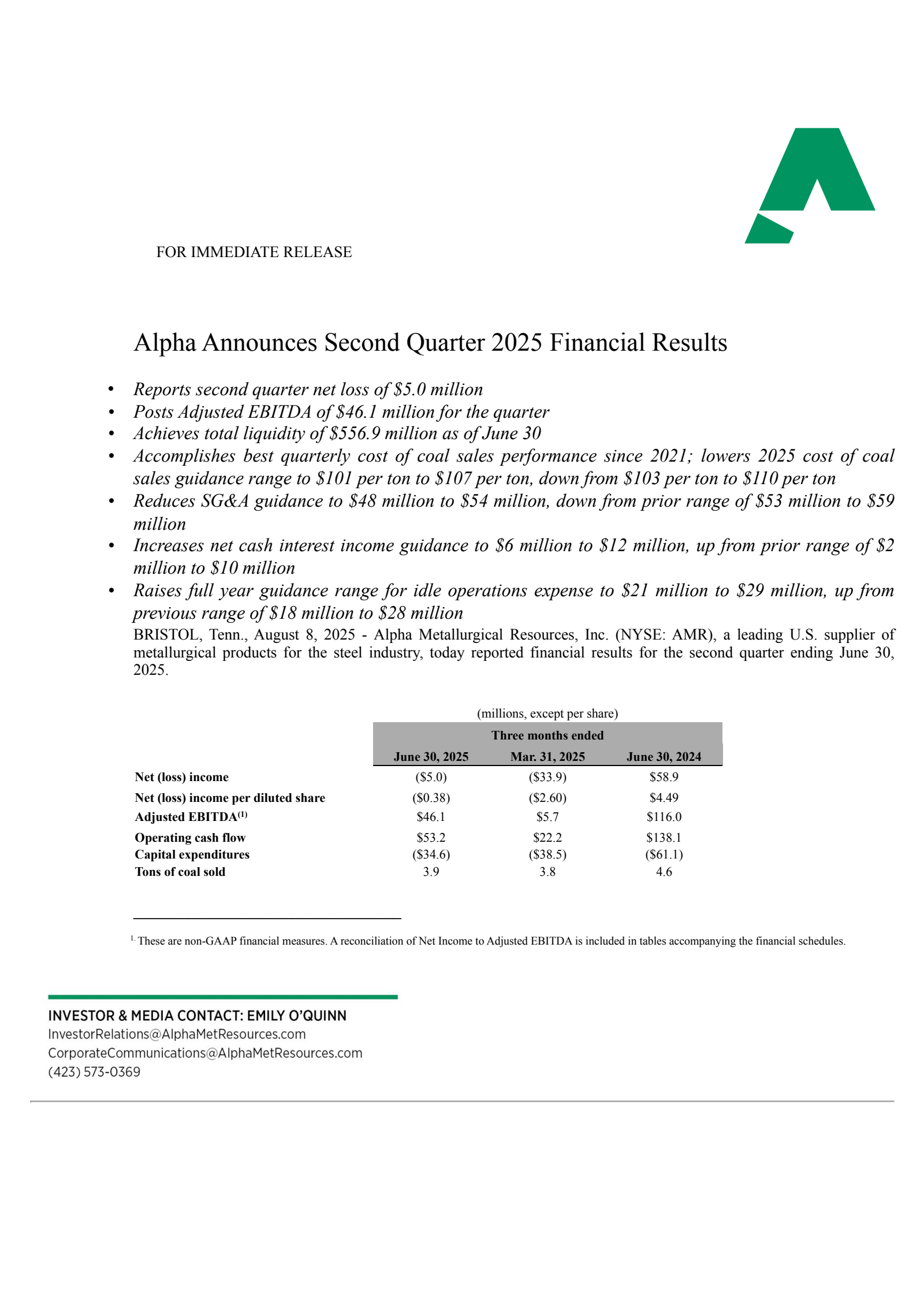 Alpha Metallurgical Resources' Q2 2025 Press Release