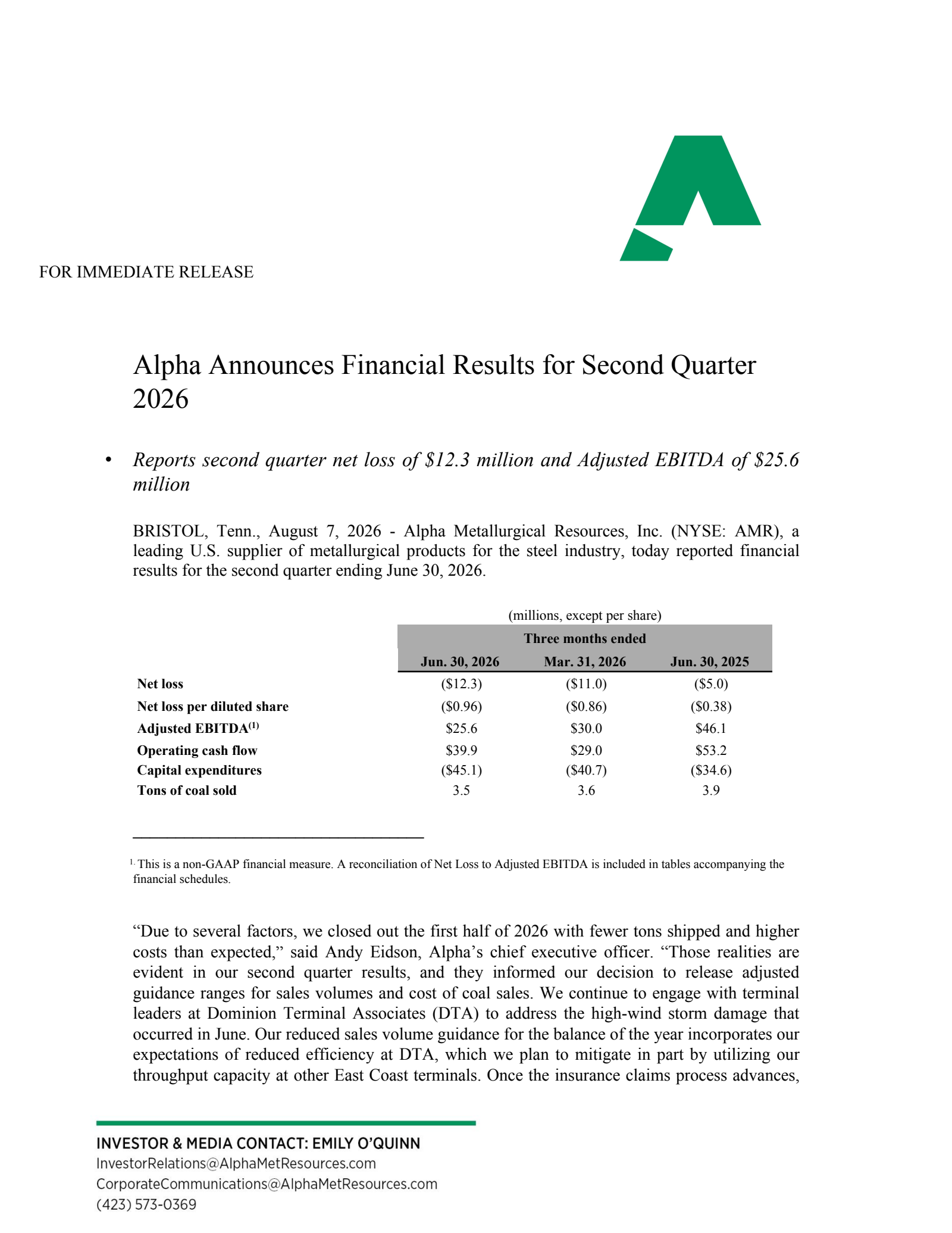 Alpha Metallurgical Resources' Q2 2026 Press Release