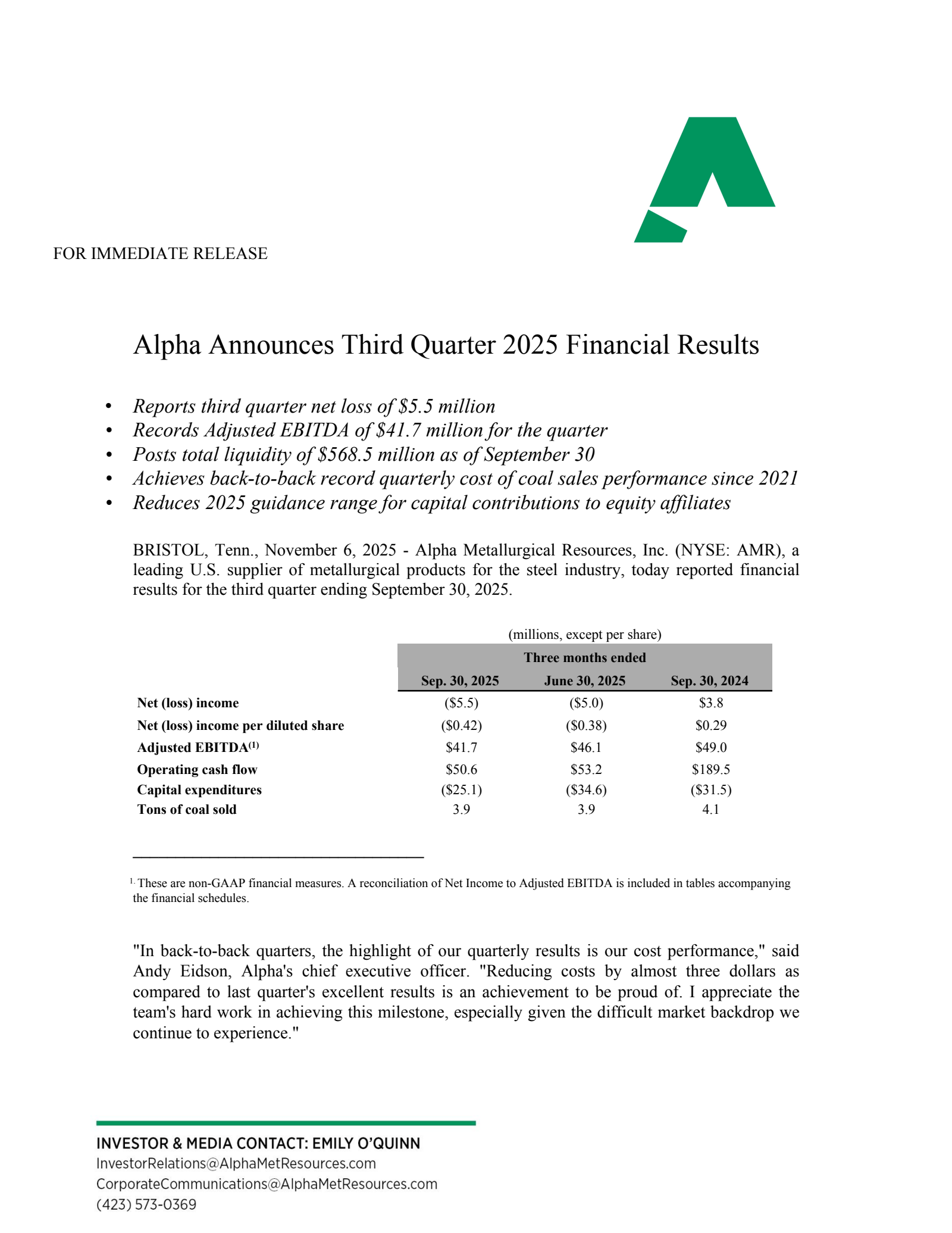 Alpha Metallurgical Resources' Q3 2025 Earnings Release