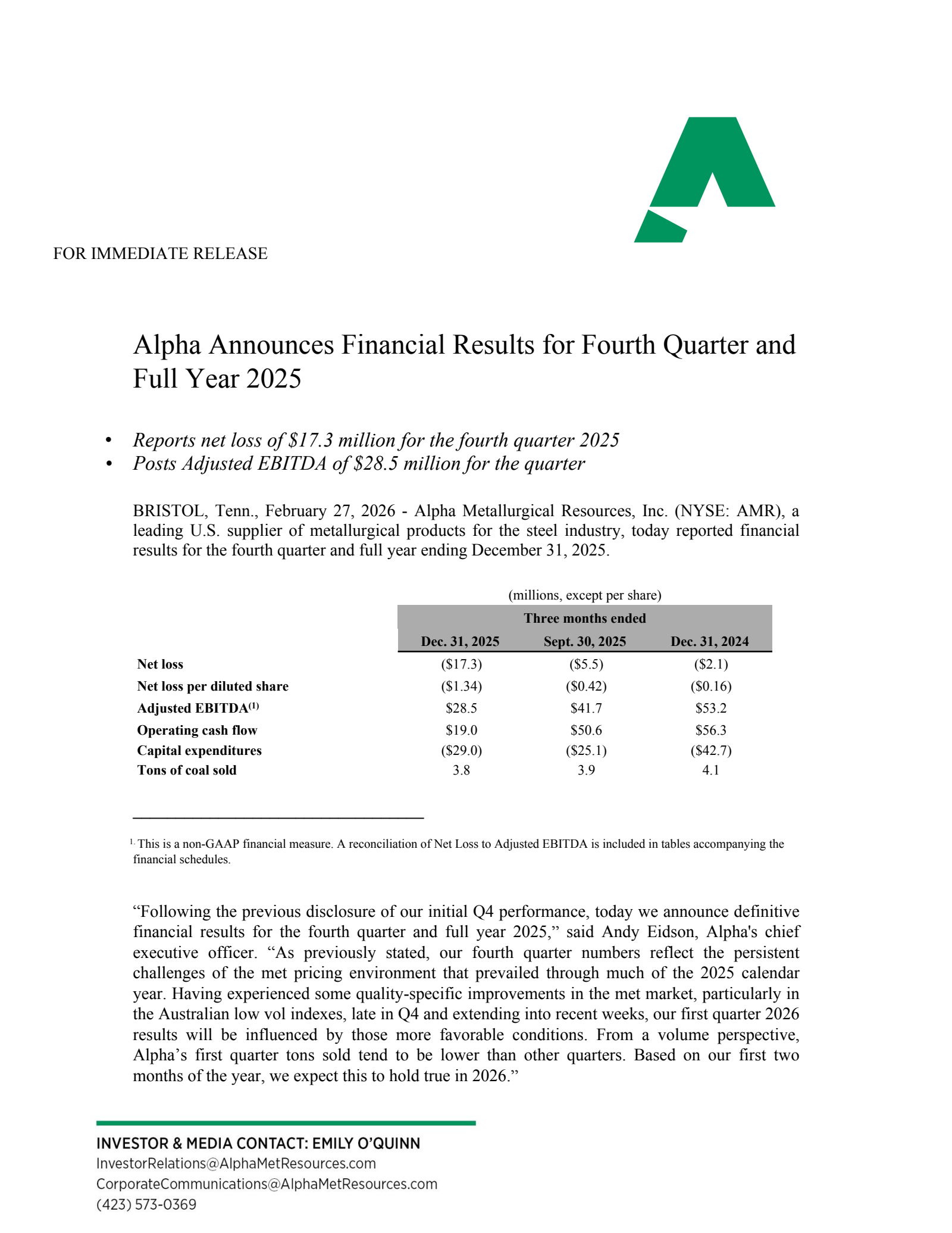 Alpha Metallurgical Resources' Q4 2025 Press Release