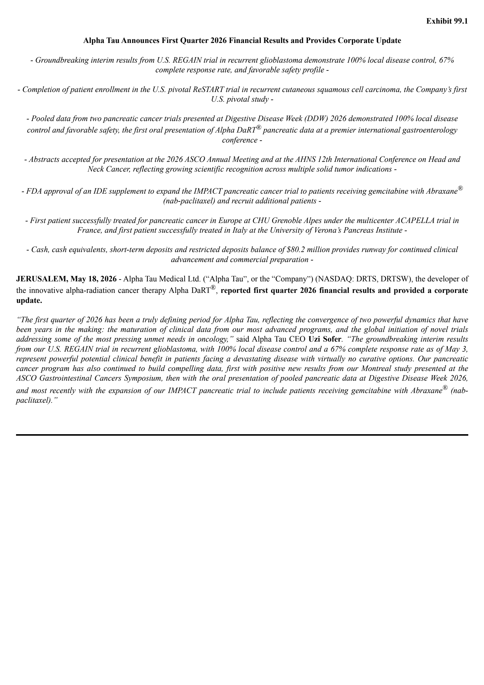 Alpha Tau Medical's Q1 2026 Press Release