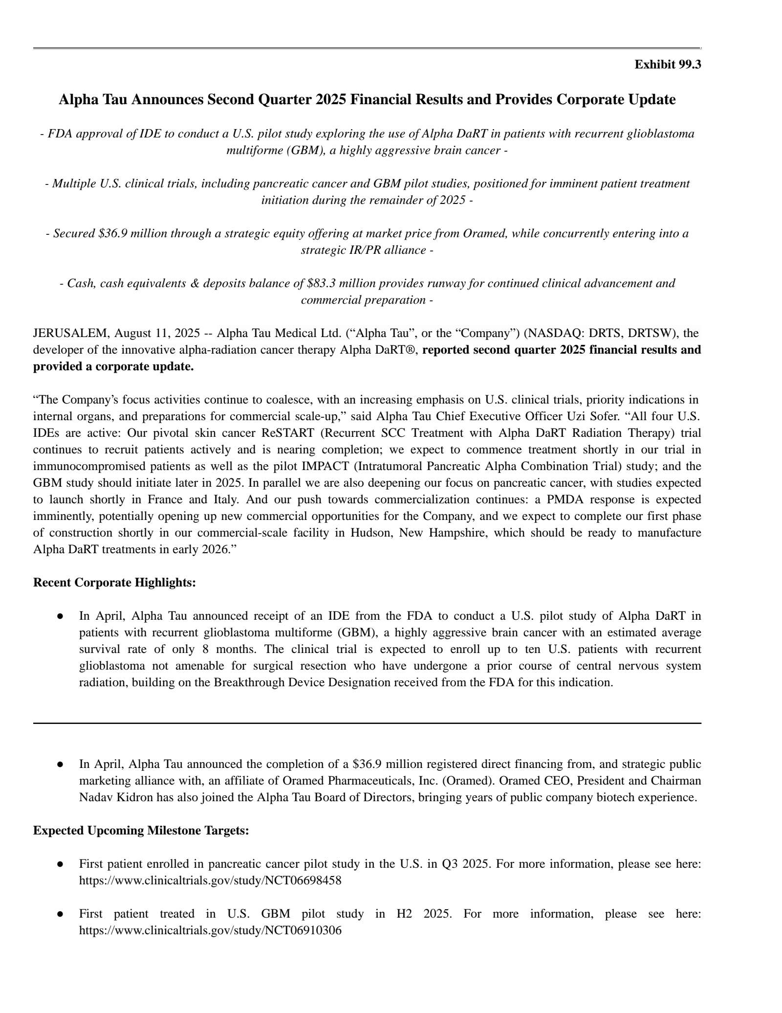 Alpha Tau Medical's Q2 2025 Earnings Release