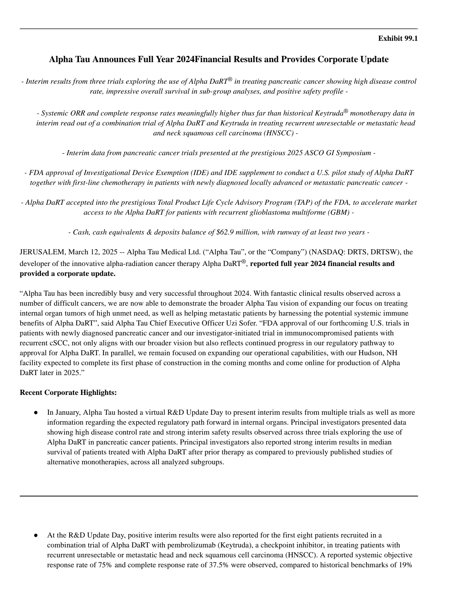 Alpha Tau Medical's Q4 2024 Press Release