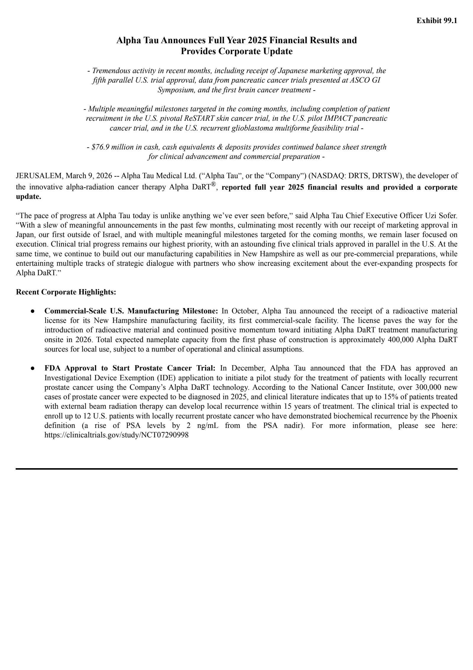 Alpha Tau Medical's Q4 2025 Press Release
