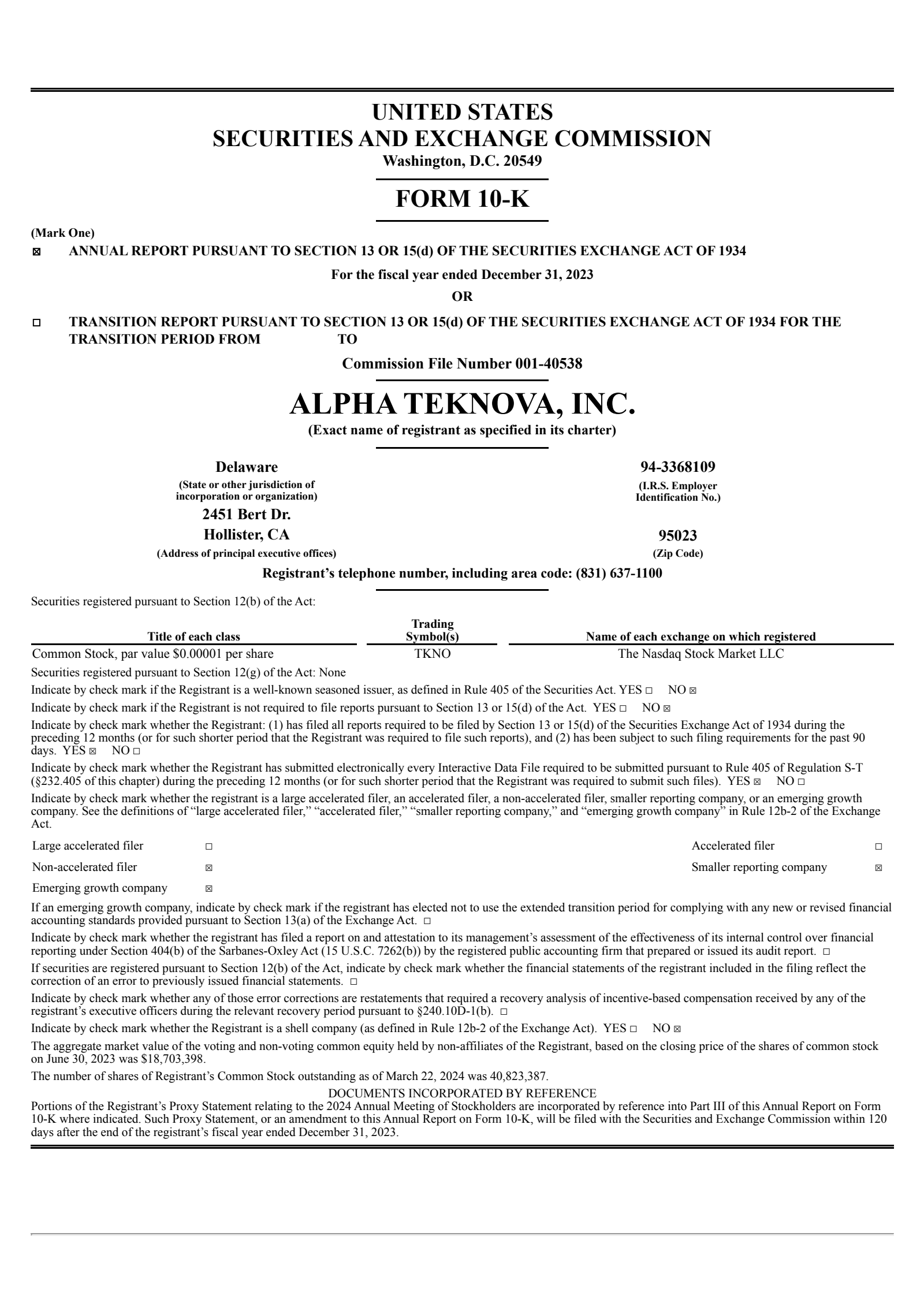 Alpha Teknova's Q4 2023 Annual report