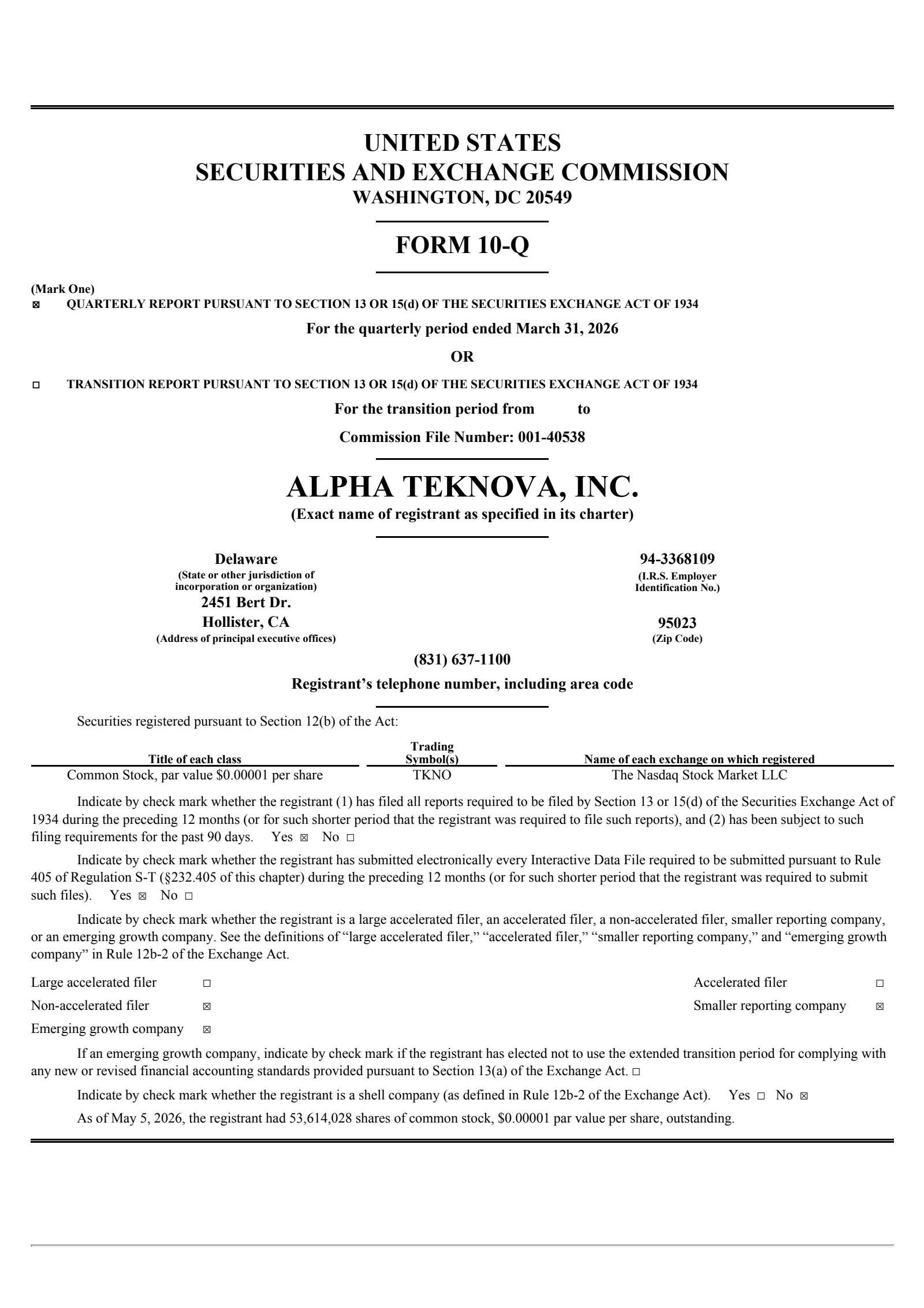 Alpha Teknova's Q1 2026 Quarterly report
