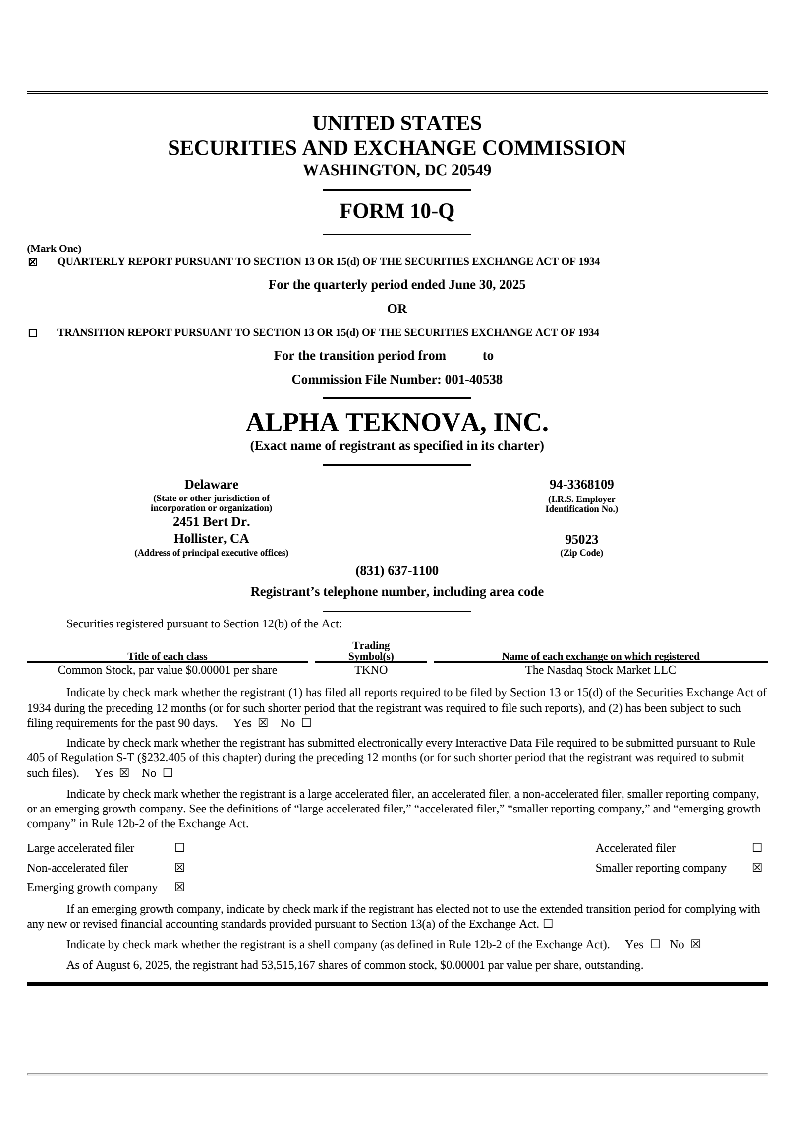 Alpha Teknova's Q2 2025 Quarterly report