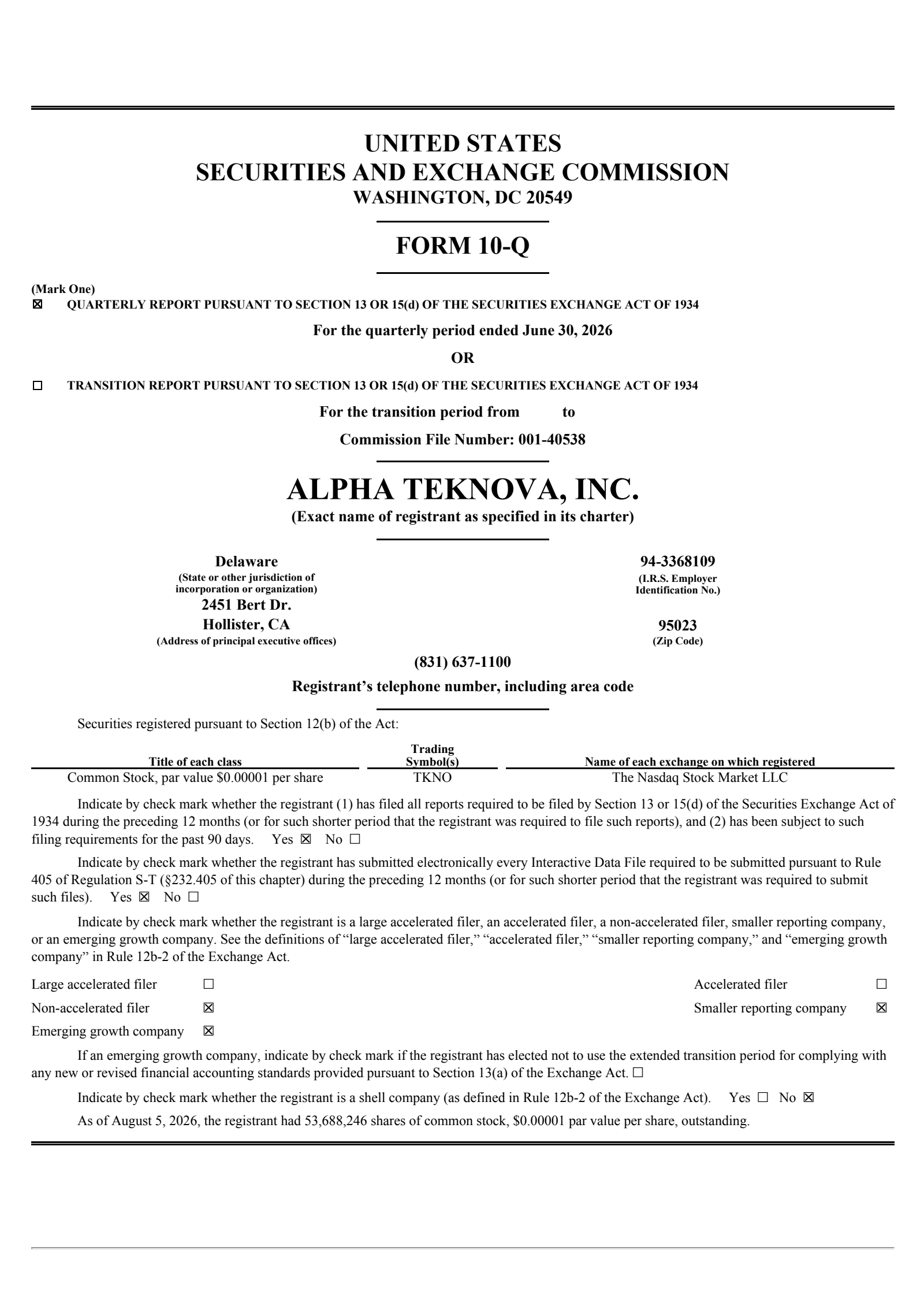 Alpha Teknova's Q2 2026 Quarterly report