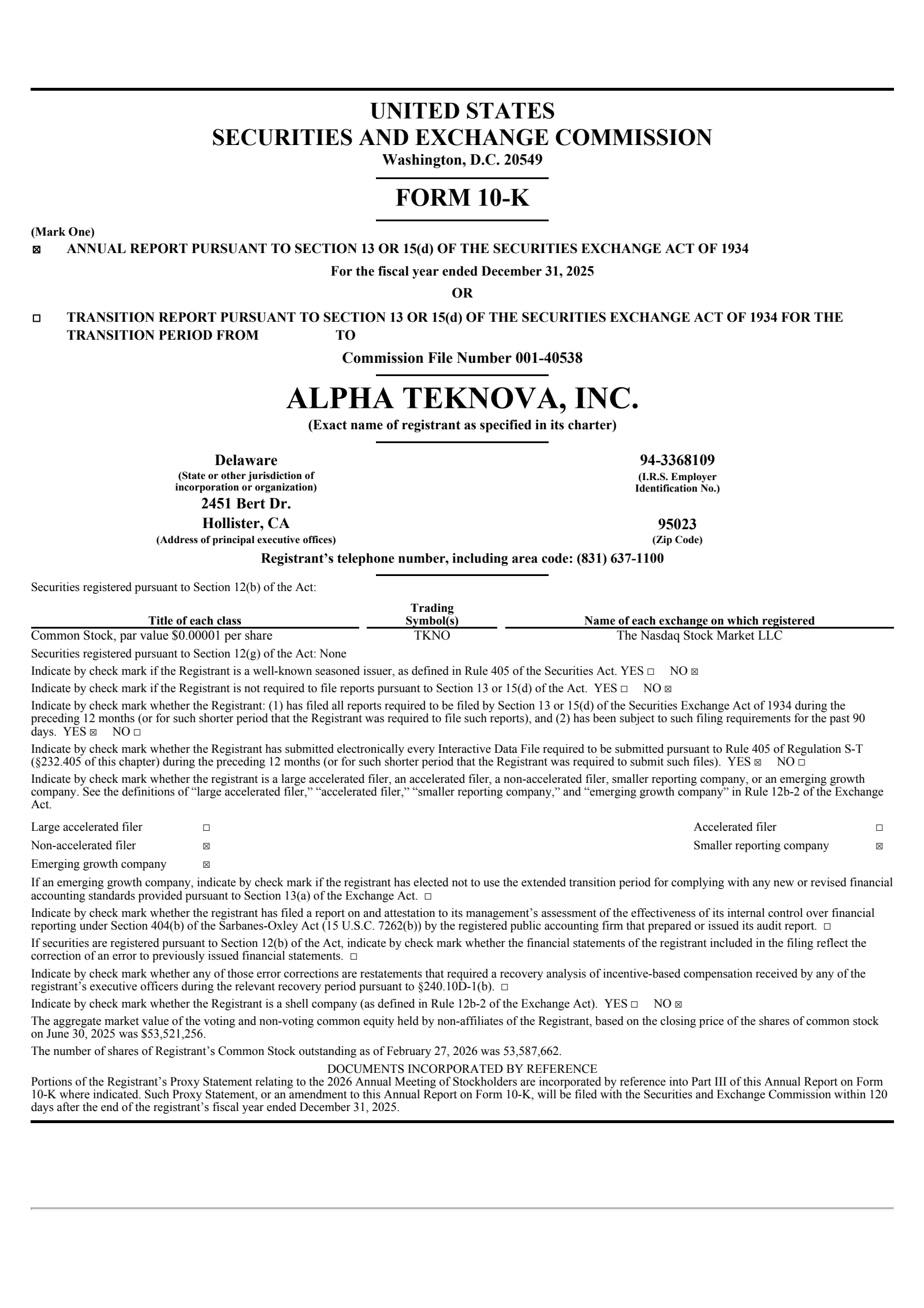 Alpha Teknova's Q4 2025 Annual report