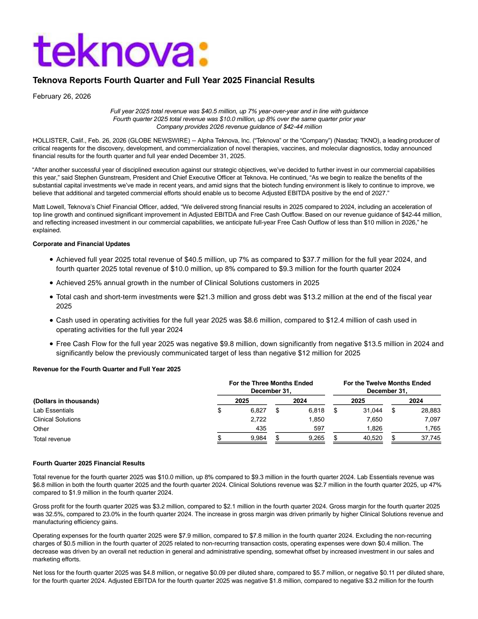 Alpha Teknova's Q4 2025 Press Release