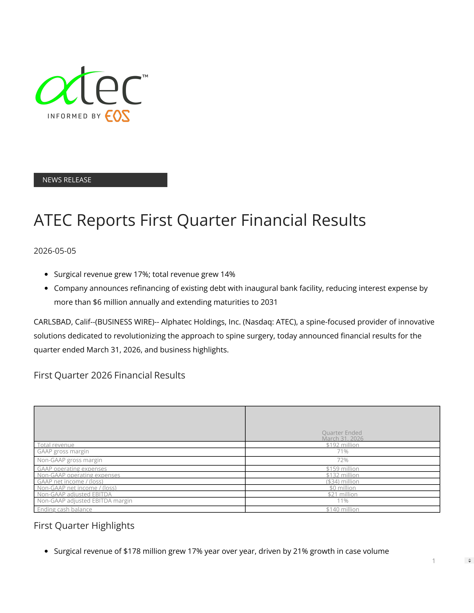 Alphatec's Q1 2026 Press Release