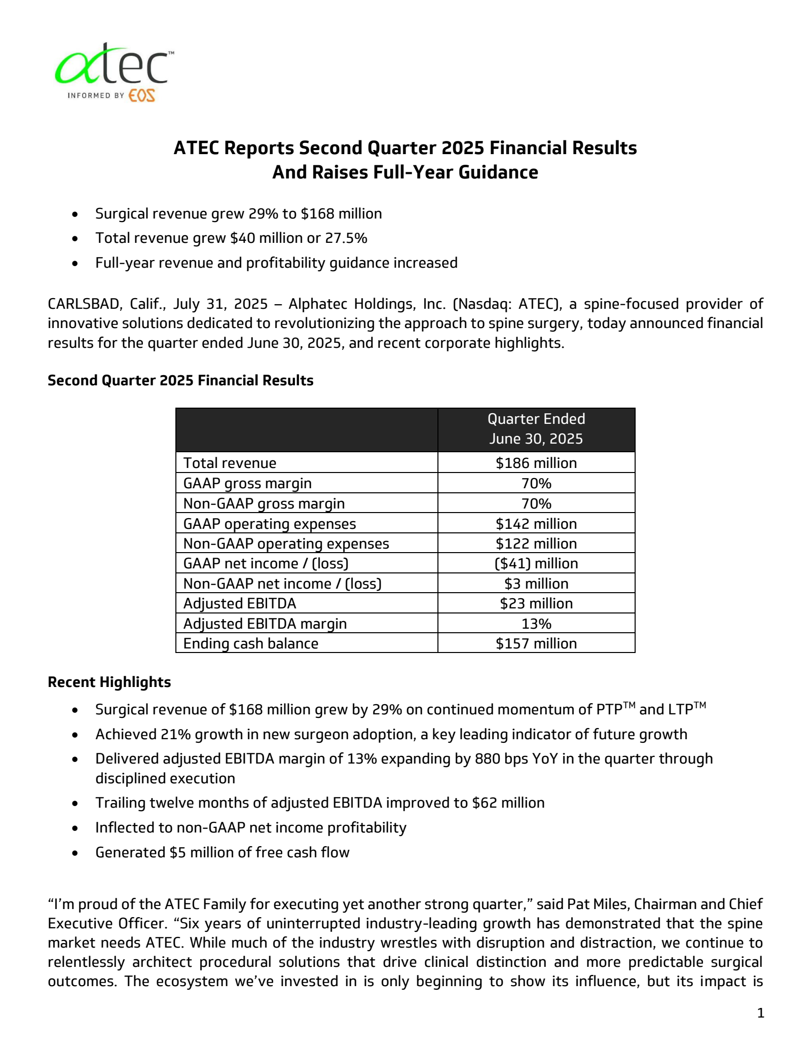 Alphatec's Q2 2025 Press Release