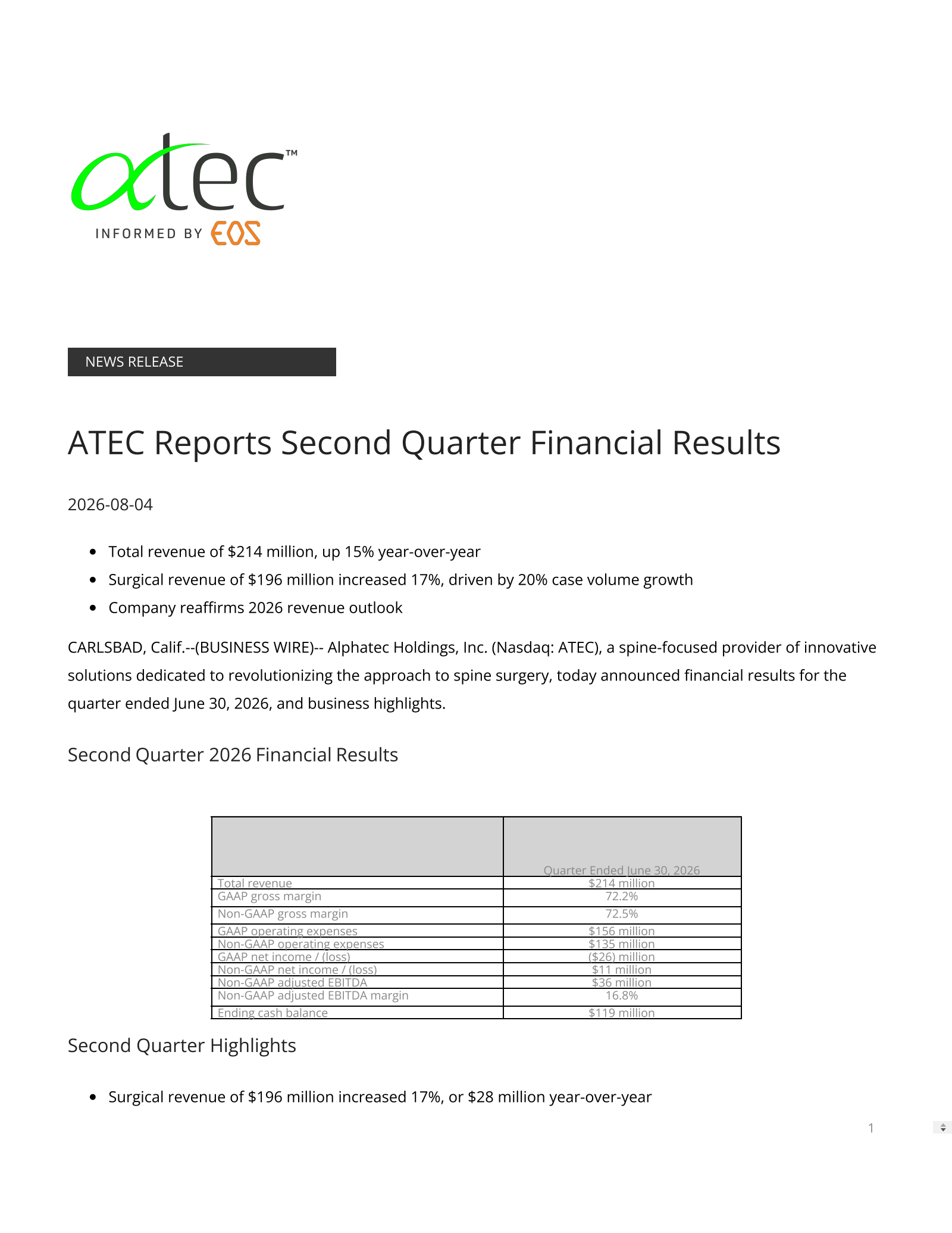 Alphatec's Q2 2026 Press Release