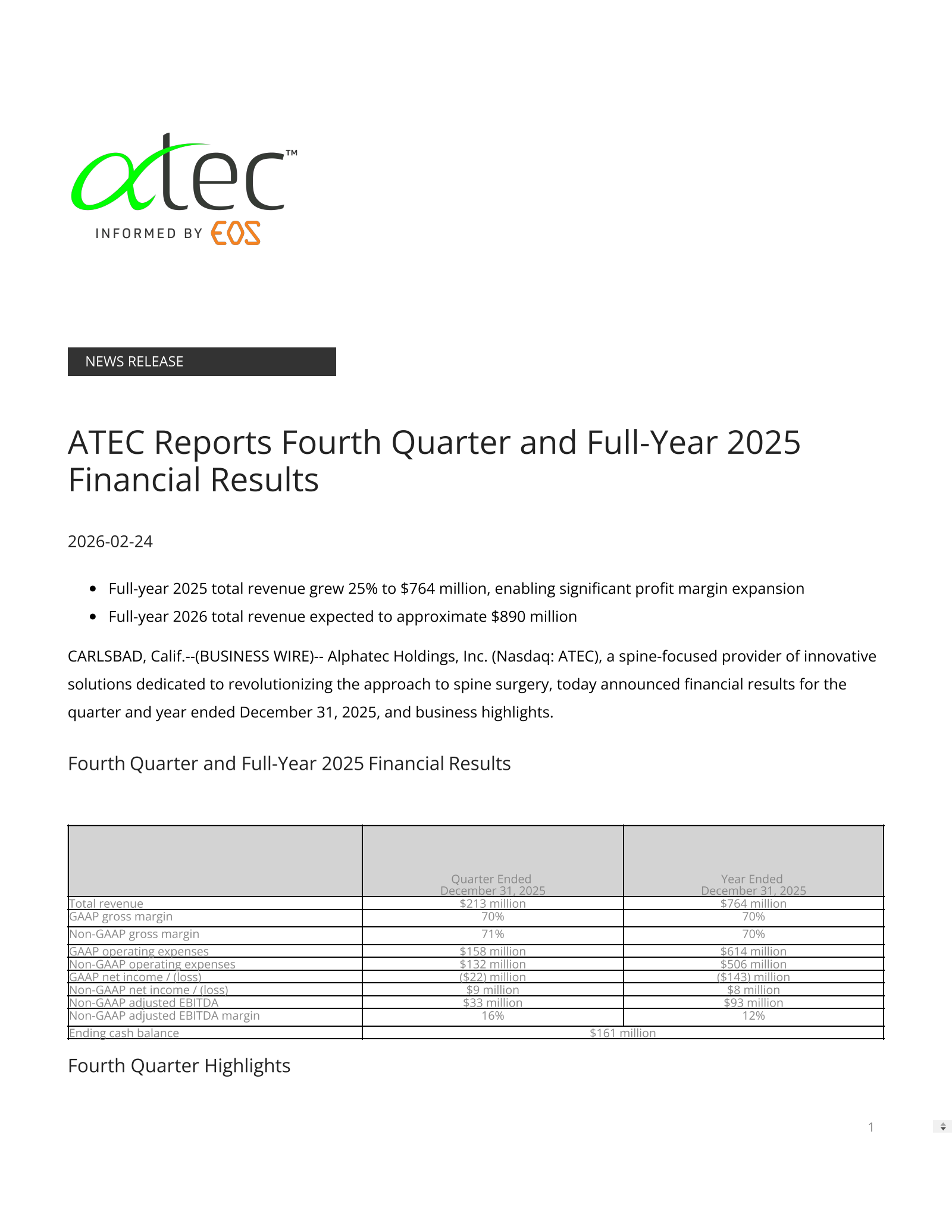 Alphatec's Q4 2025 Press Release