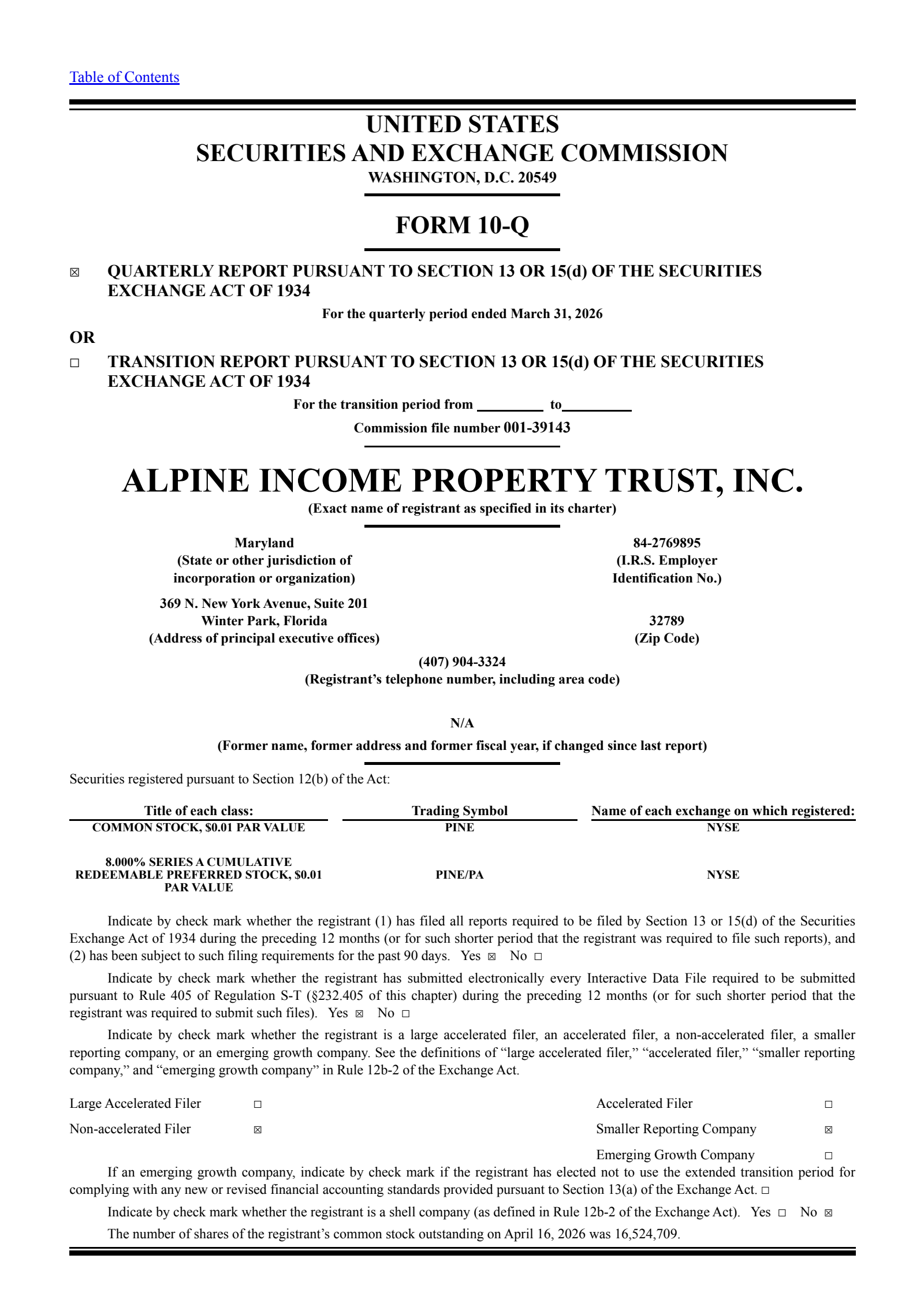 Alpine Income Property Trust's Q1 2026 Quarterly report