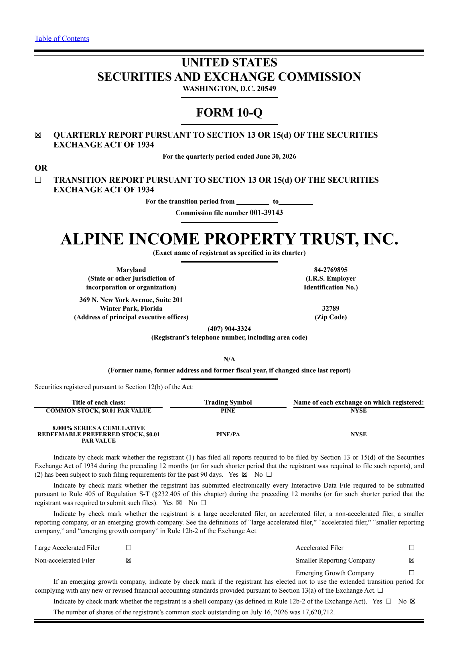 Alpine Income Property Trust's Q2 2026 Quarterly report