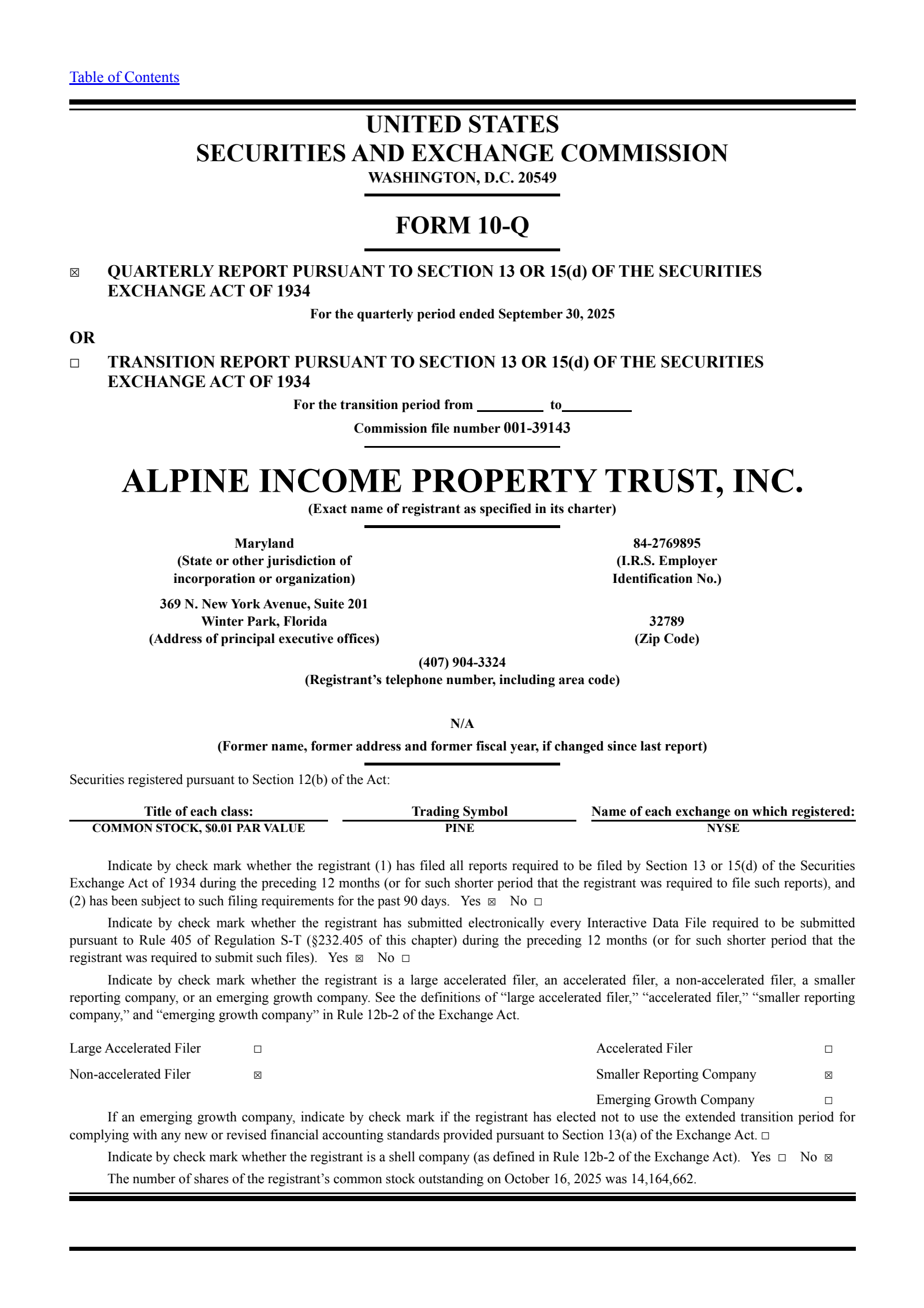 Alpine Income Property Trust's Q3 2025 Quarterly Report