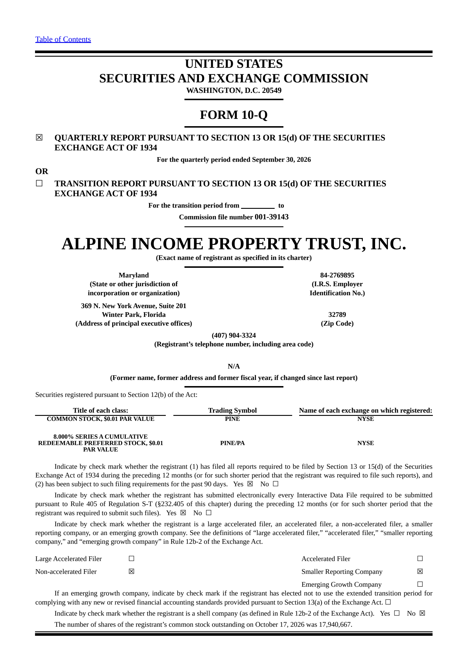 Alpine Income Property Trust's Q3 2026 Quarterly report