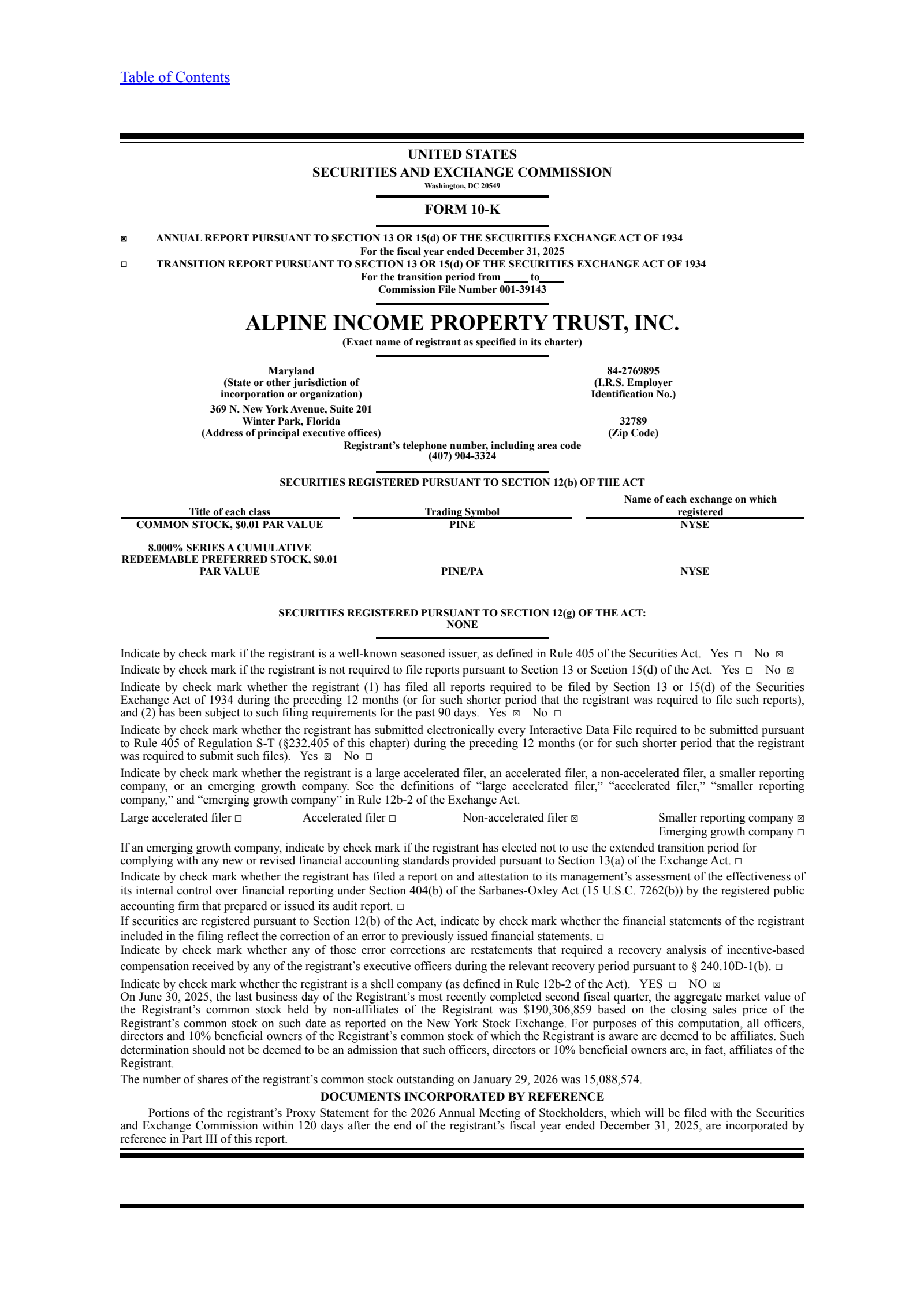 Alpine Income Property Trust's Q4 2025 Annual report