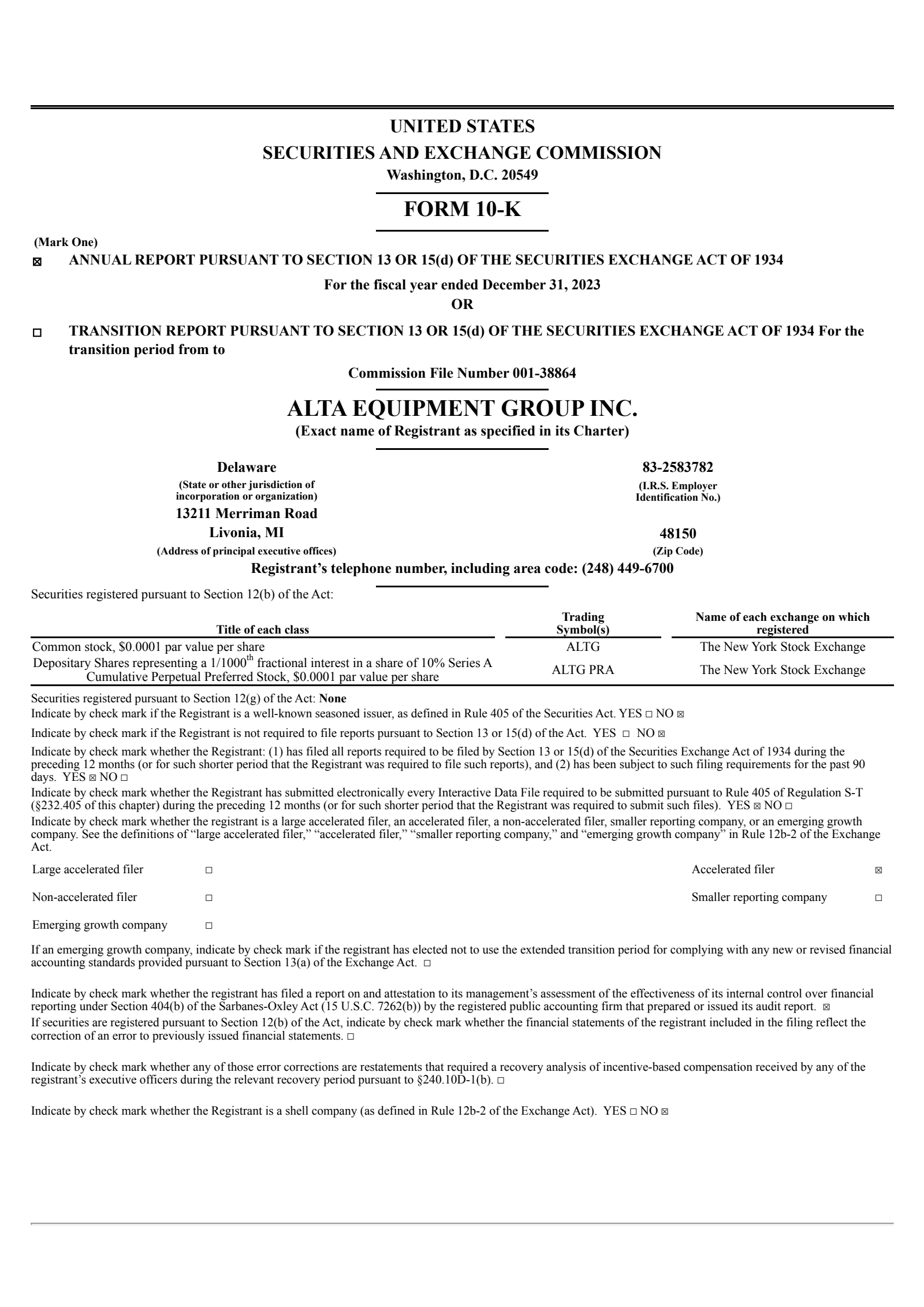 Alta Equipment Group's Q4 2023 Annual report