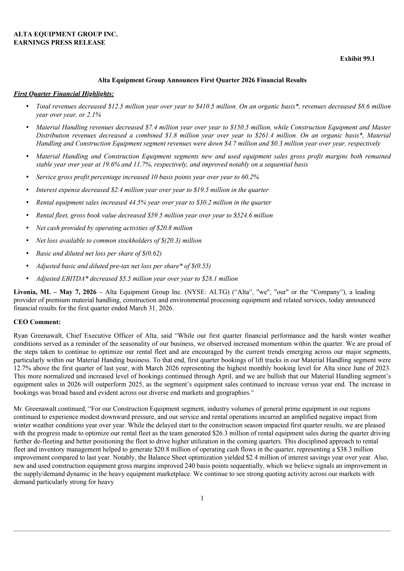 Alta Equipment Group's Q1 2026 Press Release