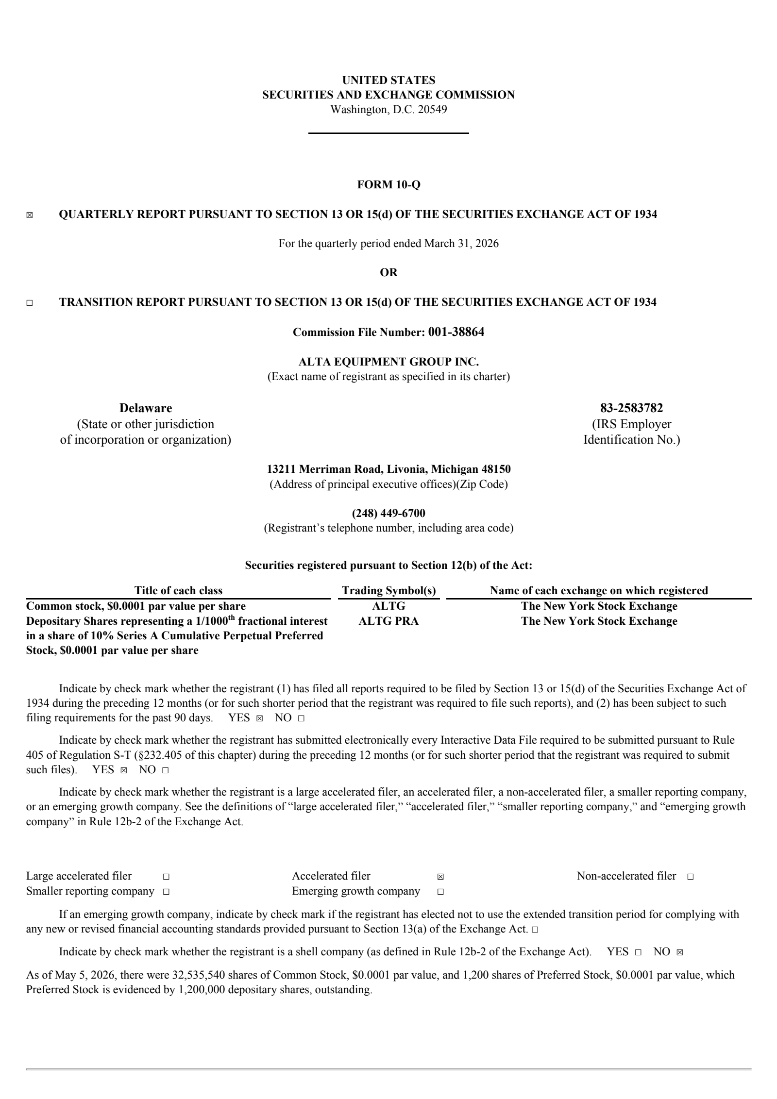 Alta Equipment Group's Q1 2026 Quarterly report