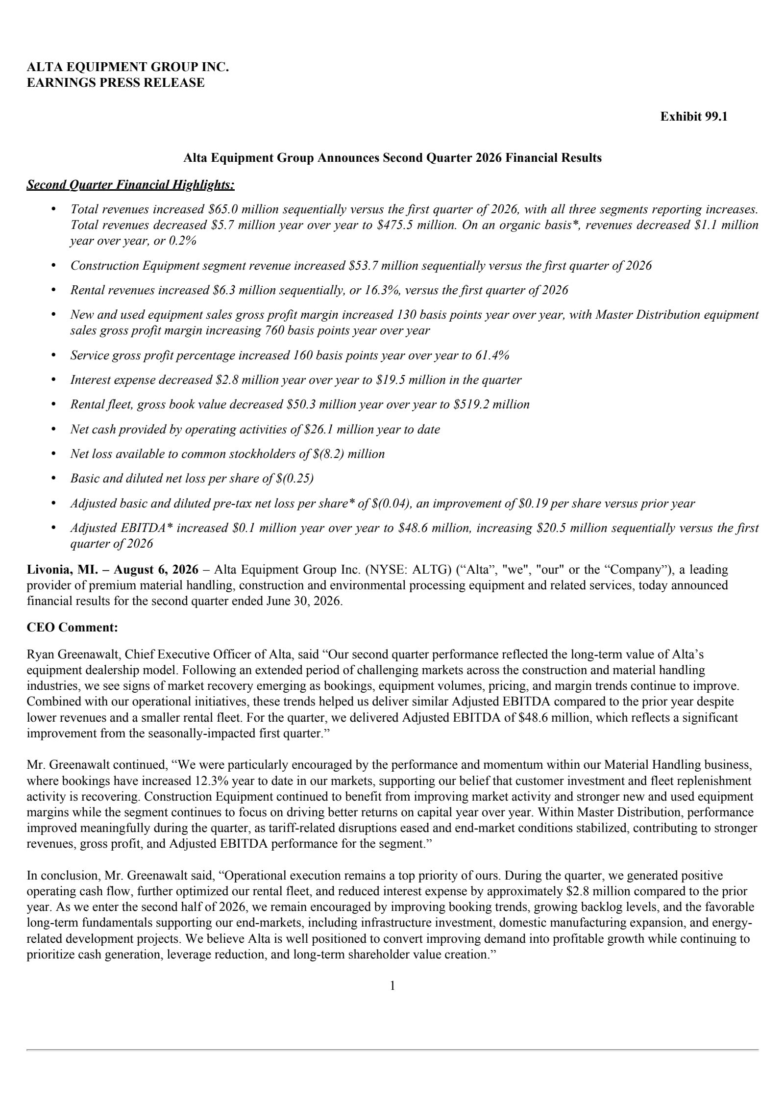 Alta Equipment Group's Q2 2026 Press Release