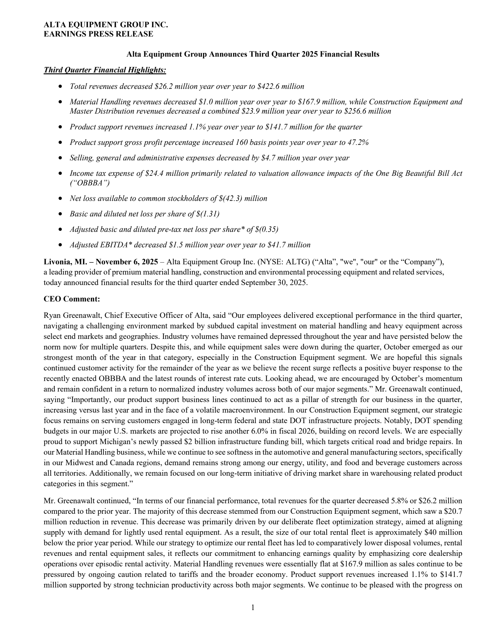 Alta Equipment Group's Q3 2025 Earnings Release