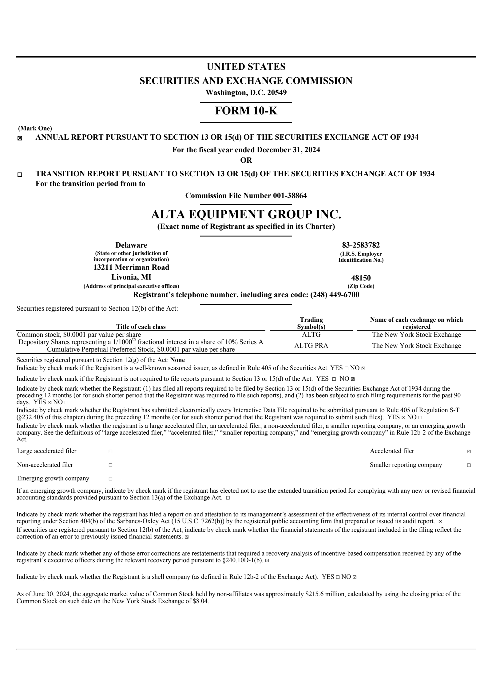 Alta Equipment Group's Q4 2024 Annual report