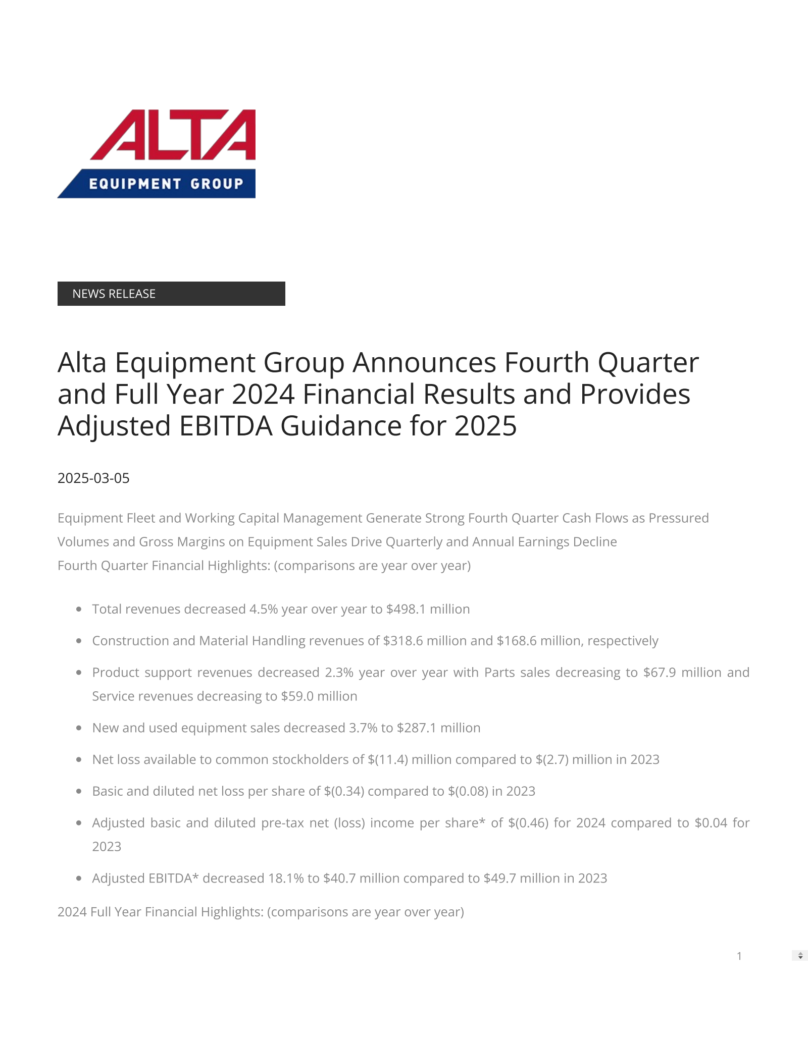 Alta Equipment Group's Q4 2024 Press Release