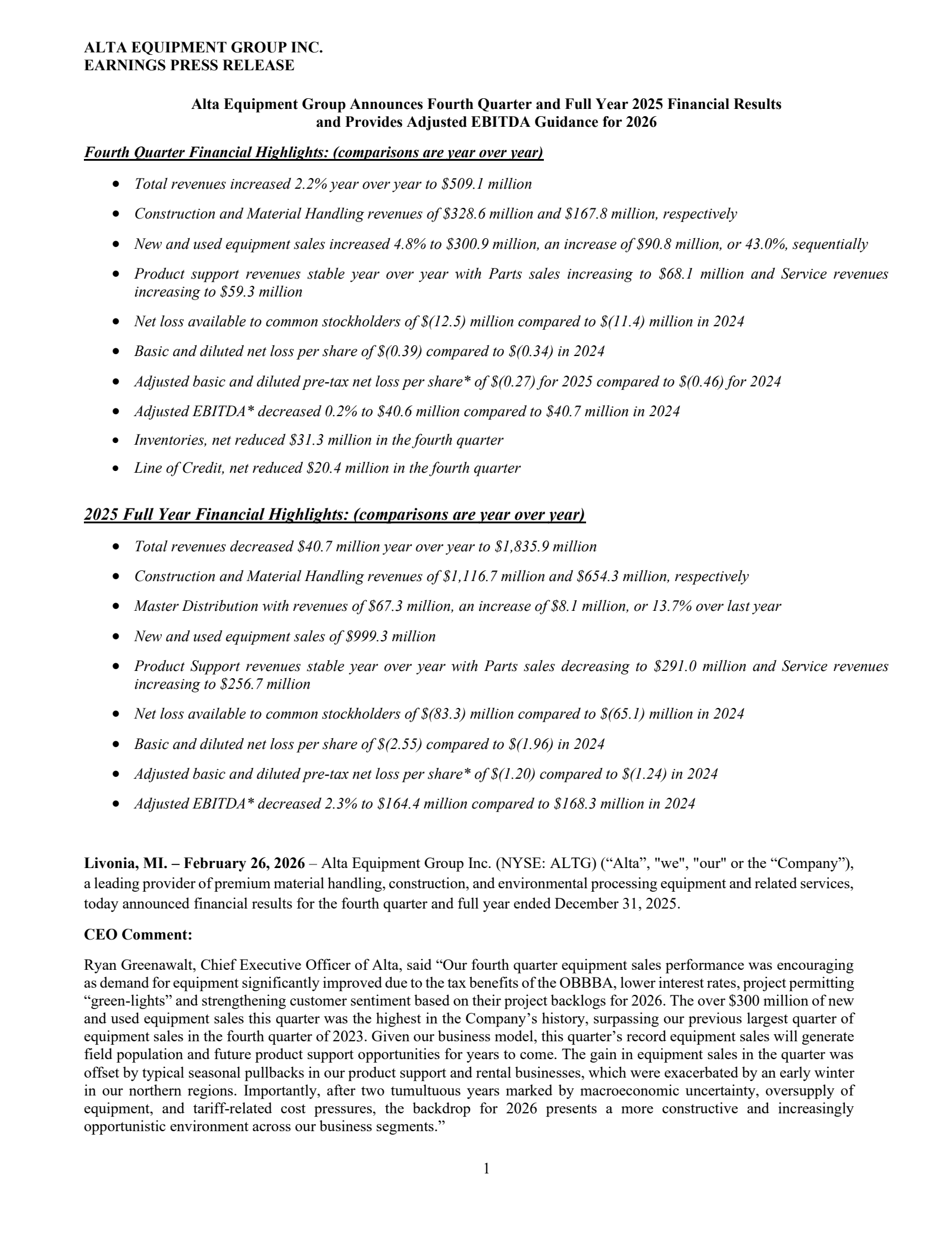 Alta Equipment Group's Q4 2025 Press Release