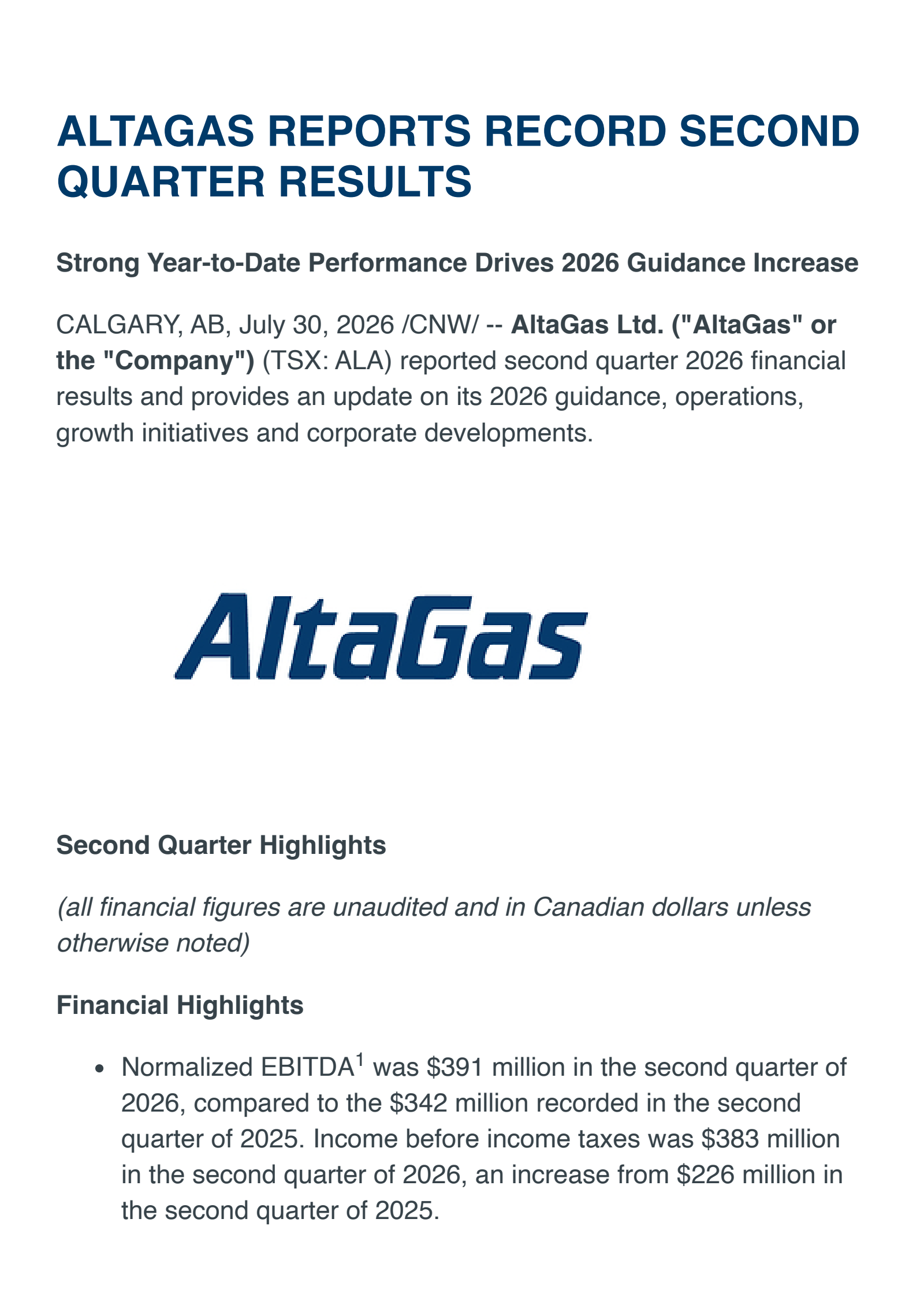 AltaGas' Q2 2026 Press Release