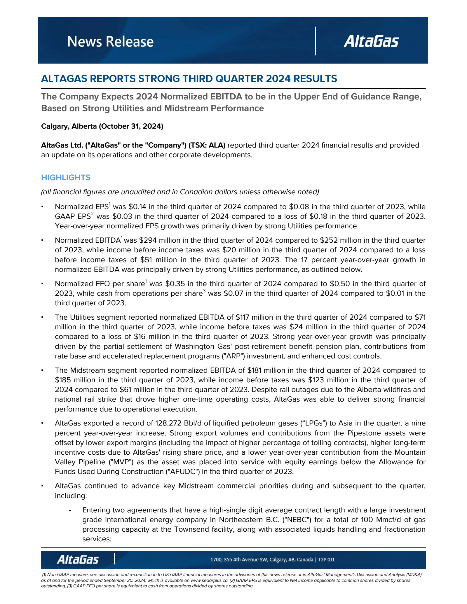AltaGas' Q3 2024 Press Release