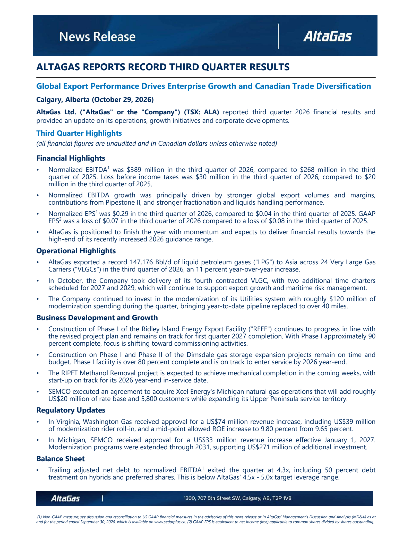 AltaGas' Q3 2026 Press Release