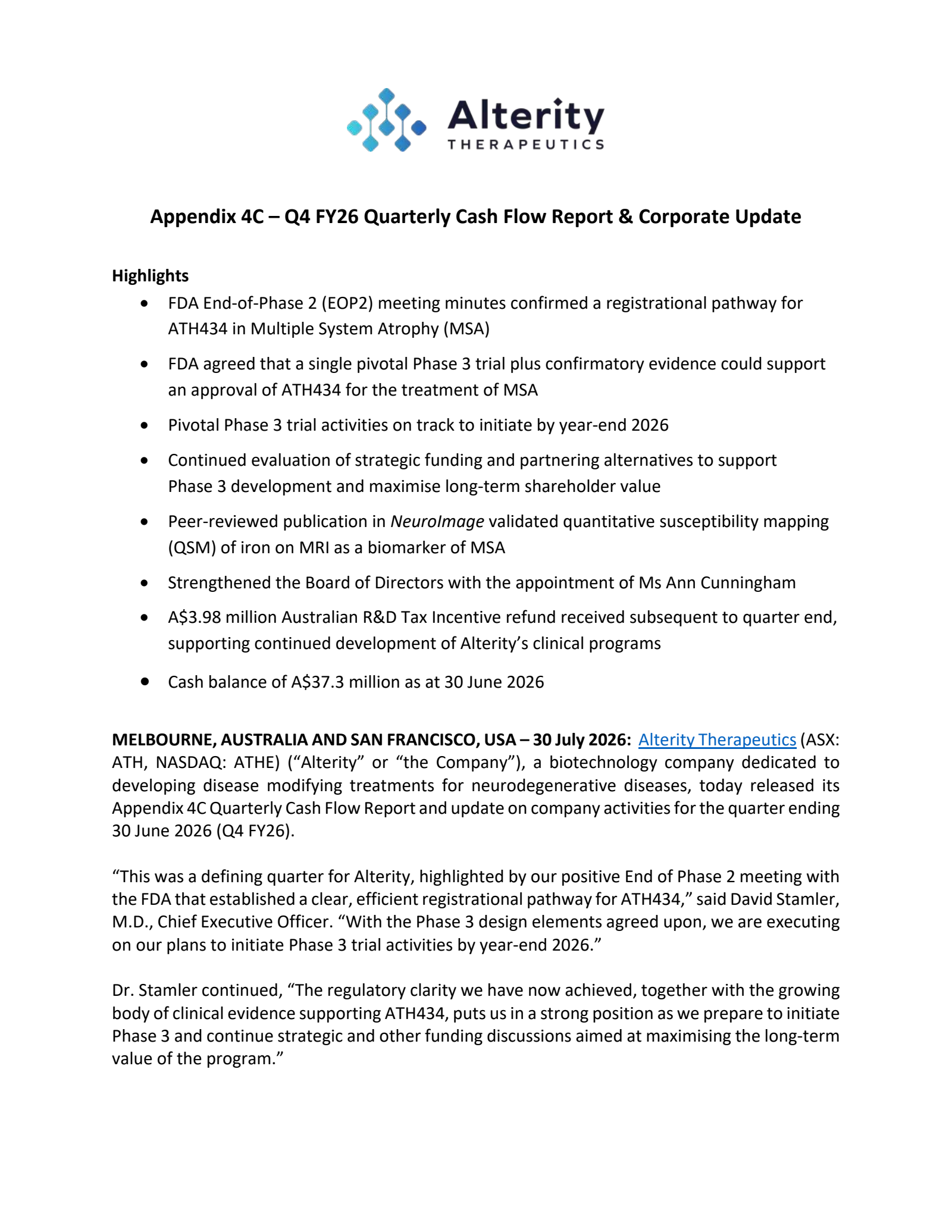Alterity Therapeutics' Q4 2026 TU Press Release