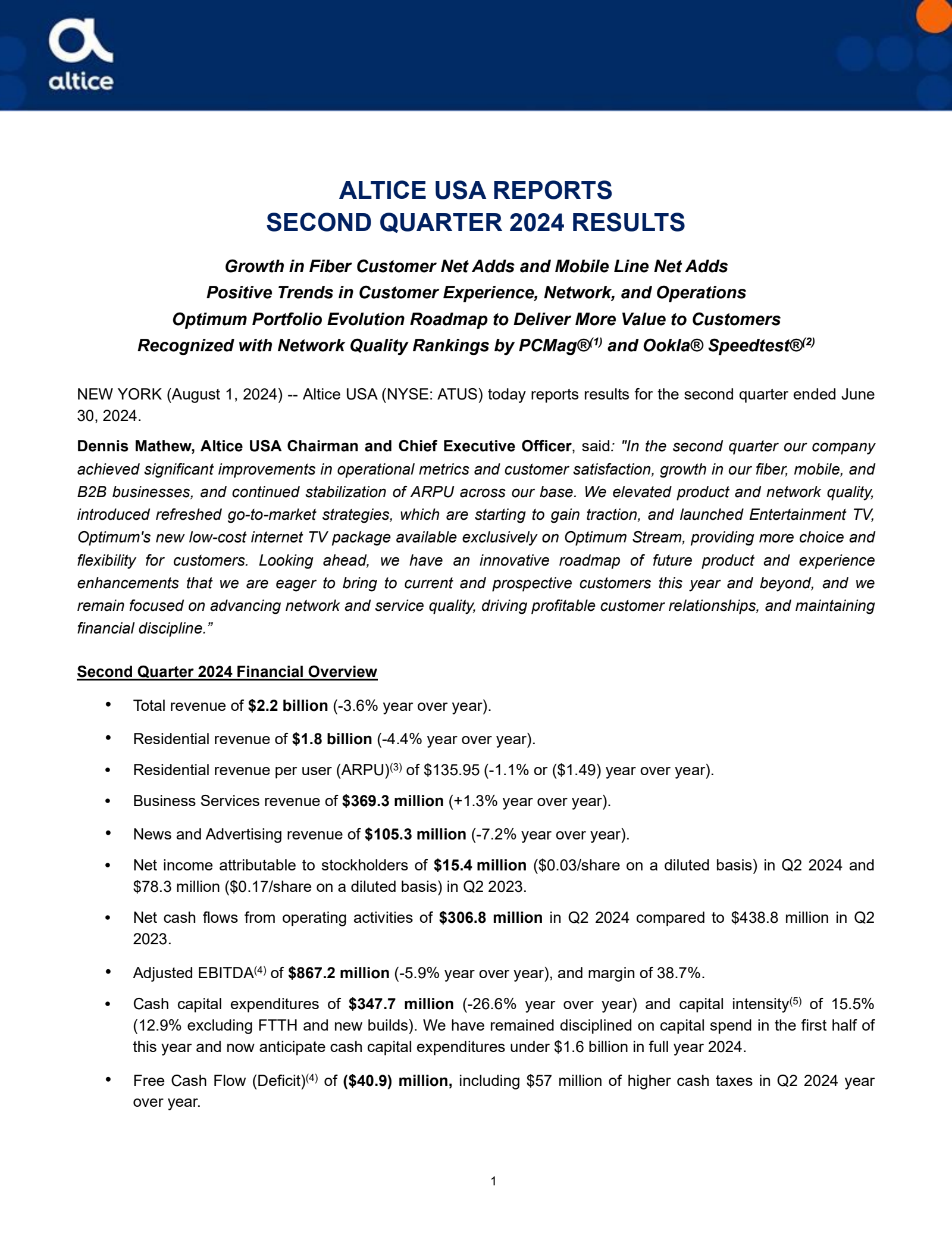 Optimum Communications' Q2 2024 Press Release
