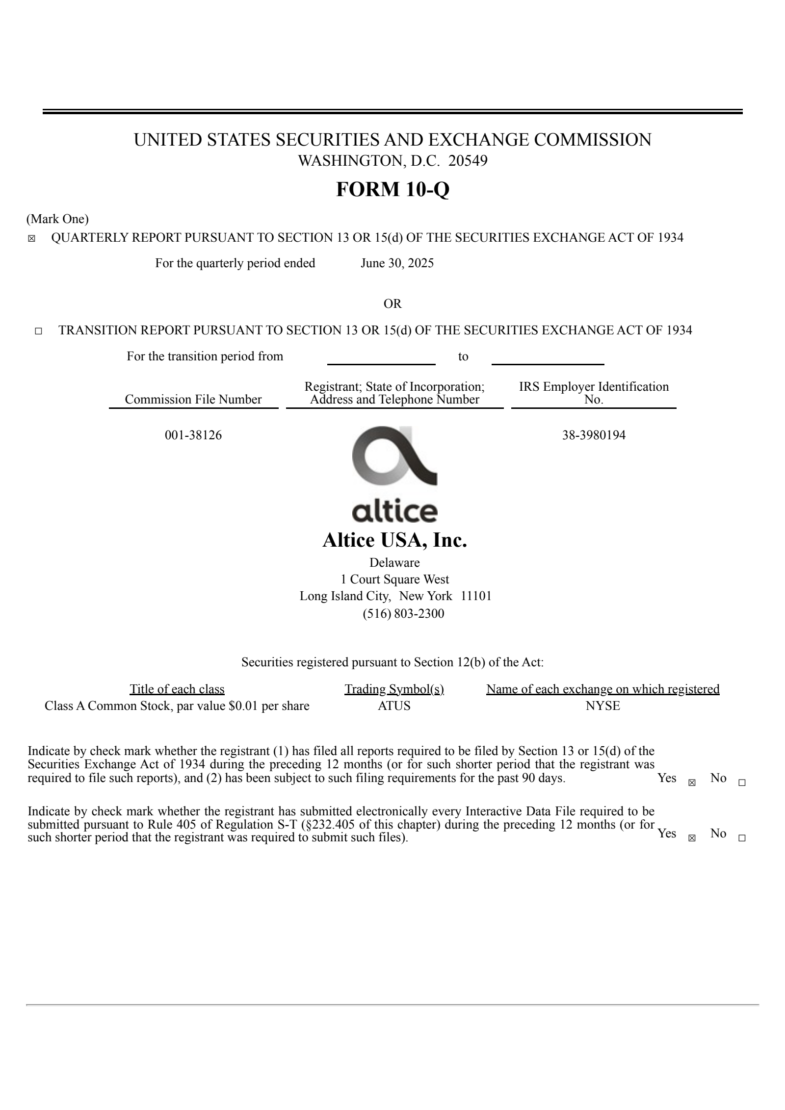 Altice USA's Q2 2025 Quarterly report