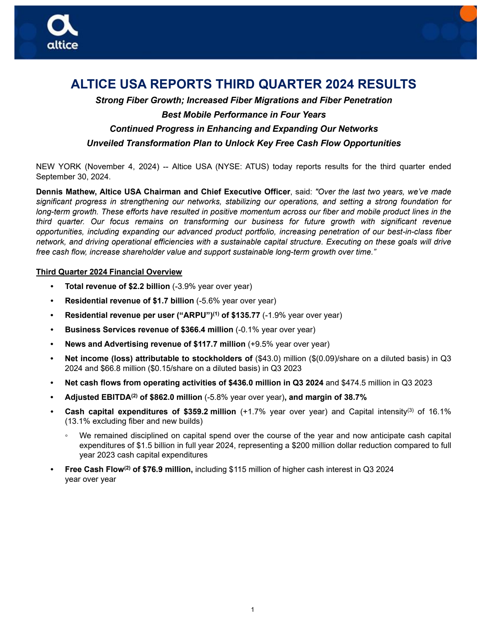 Optimum Communications' Q3 2024 Press Release