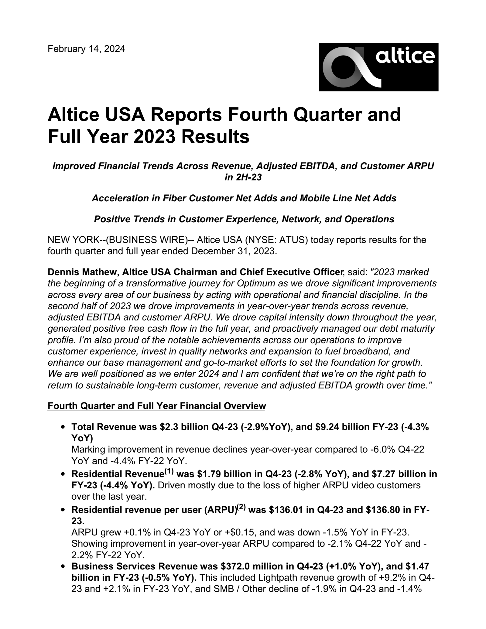 Altice USA's Q4 2023 Press Release