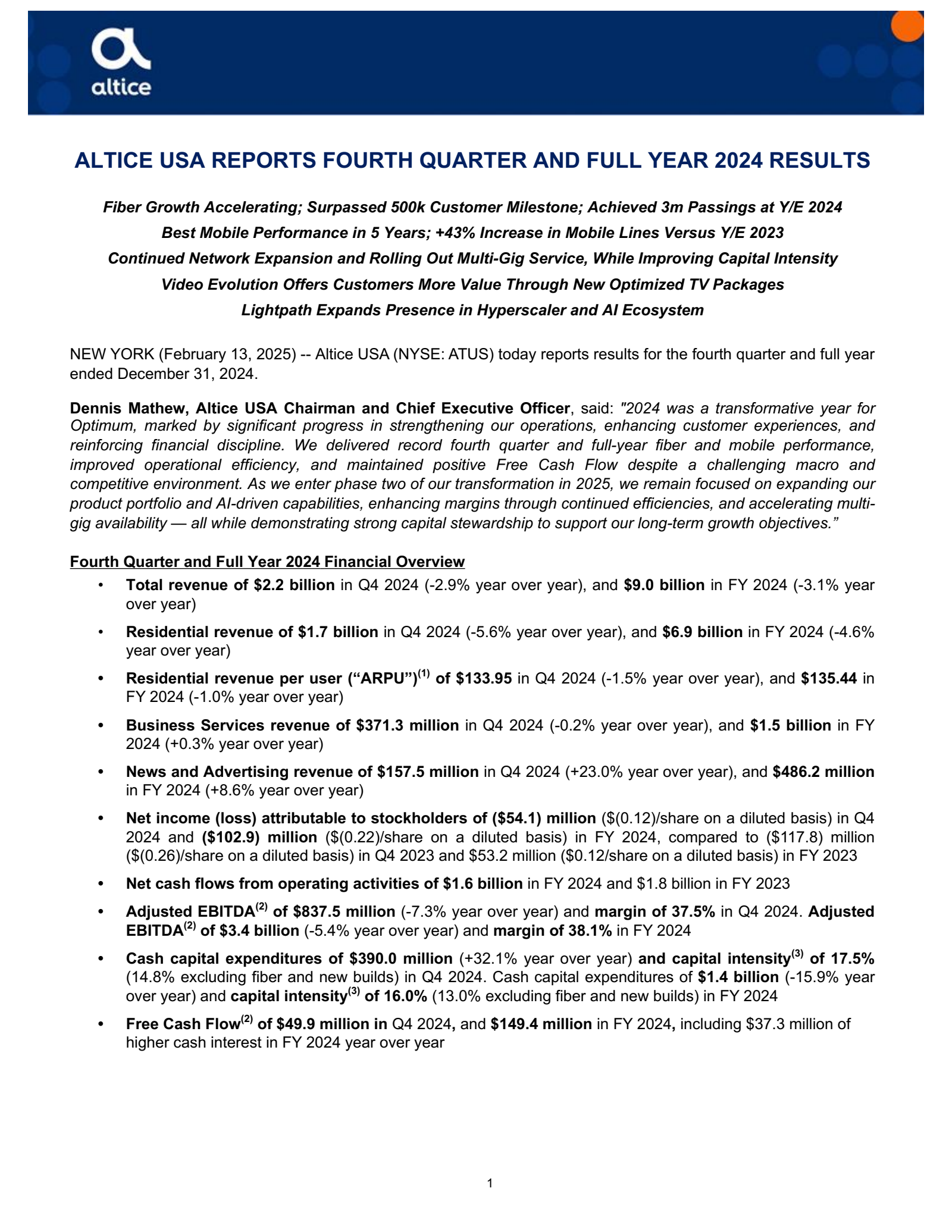 Optimum Communications' Q4 2024 Press Release