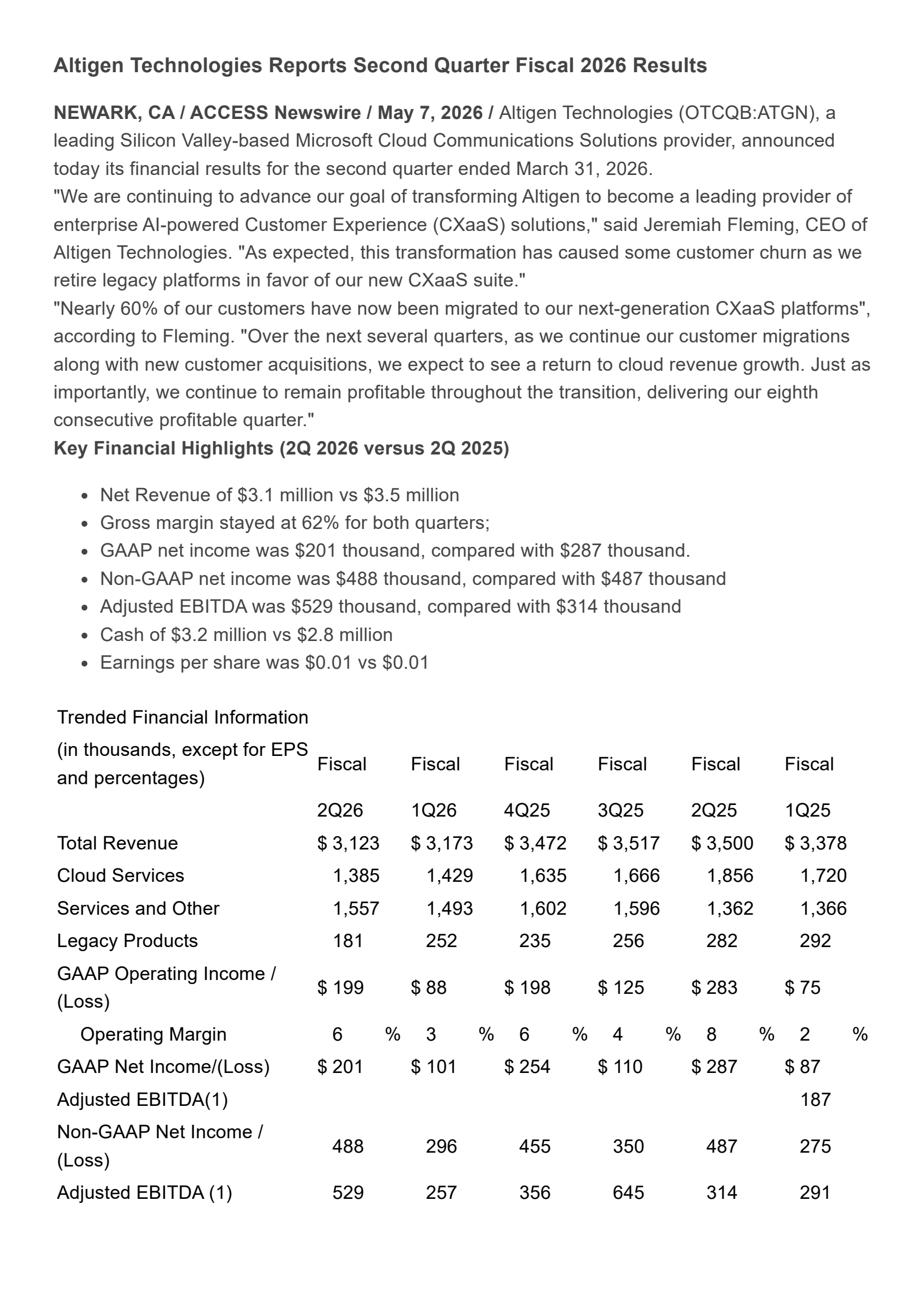 AltiGen Communications' Q2 2026 Press Release