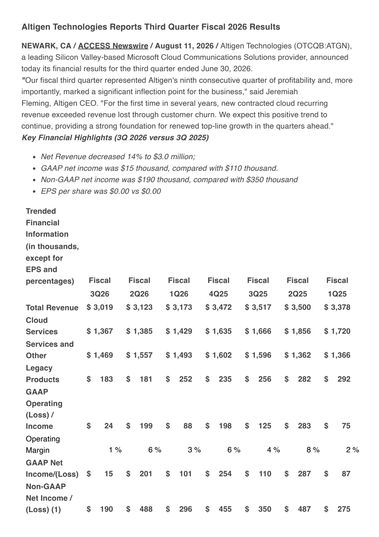 AltiGen Communications' Q3 2026 Press Release
