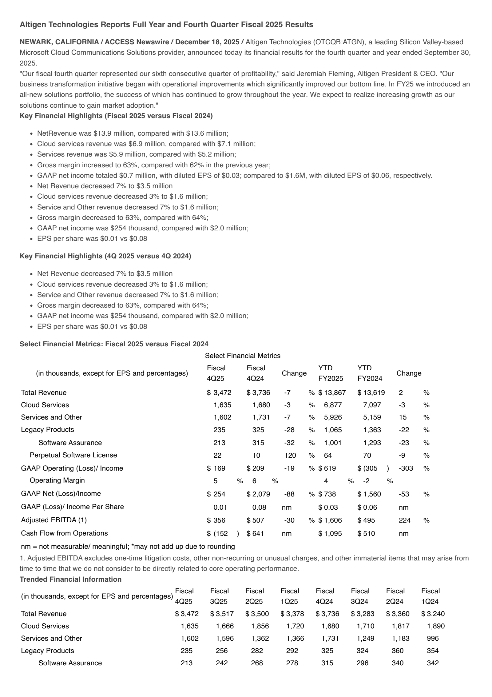 AltiGen Communications' Q4 2025 Earnings Release