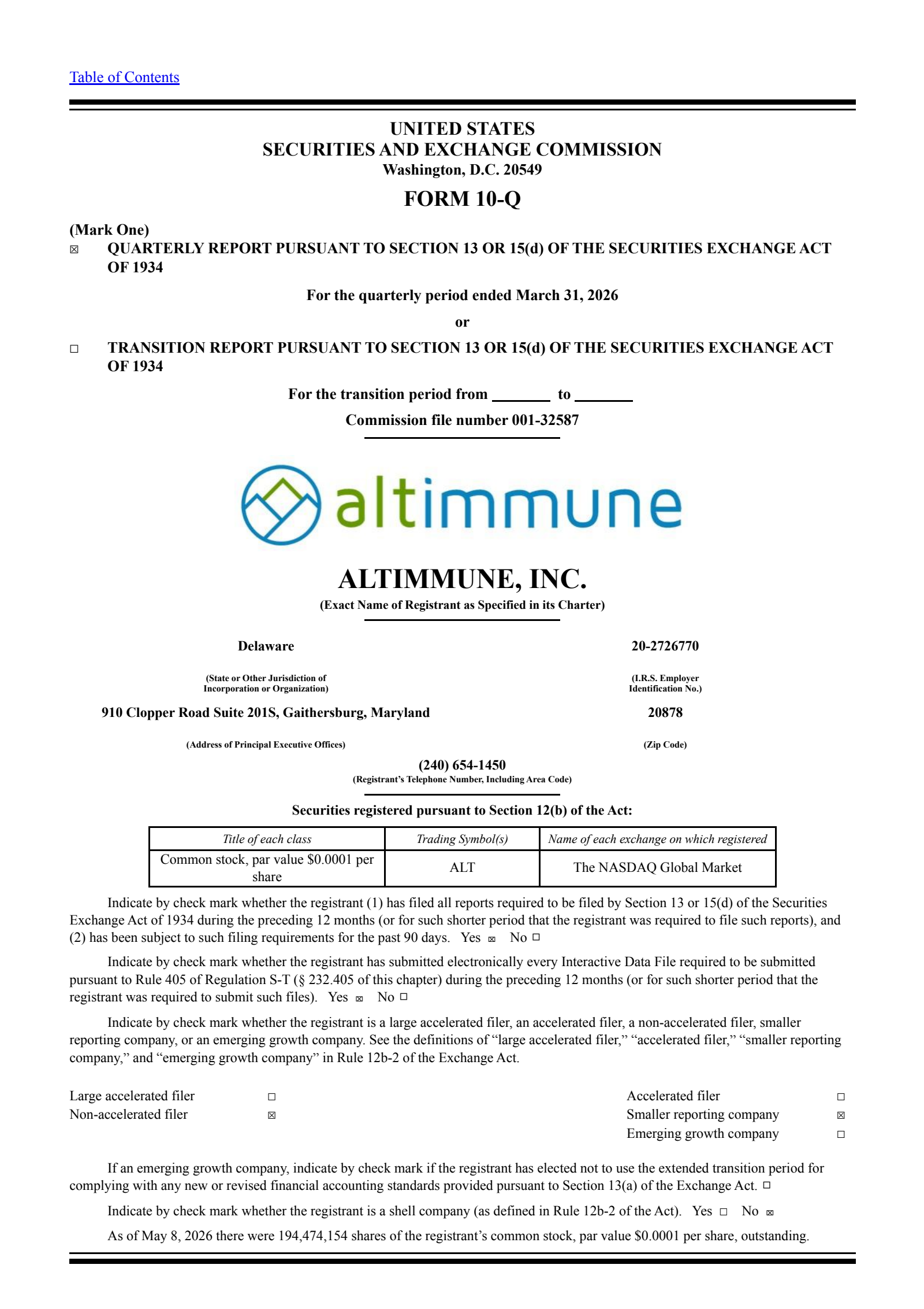 Altimmune's Q1 2026 Quarterly report