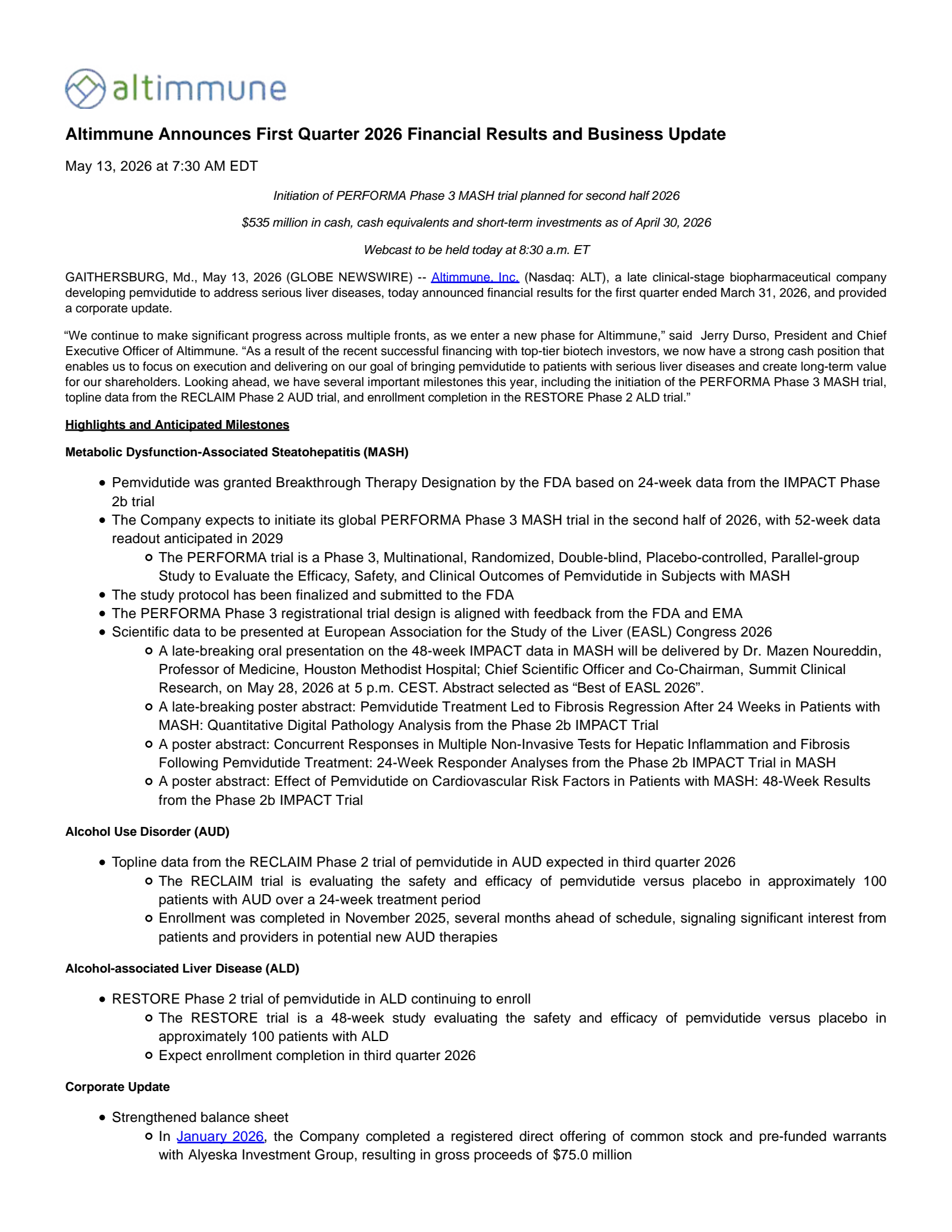 Altimmune's Q1 2026 Press Release