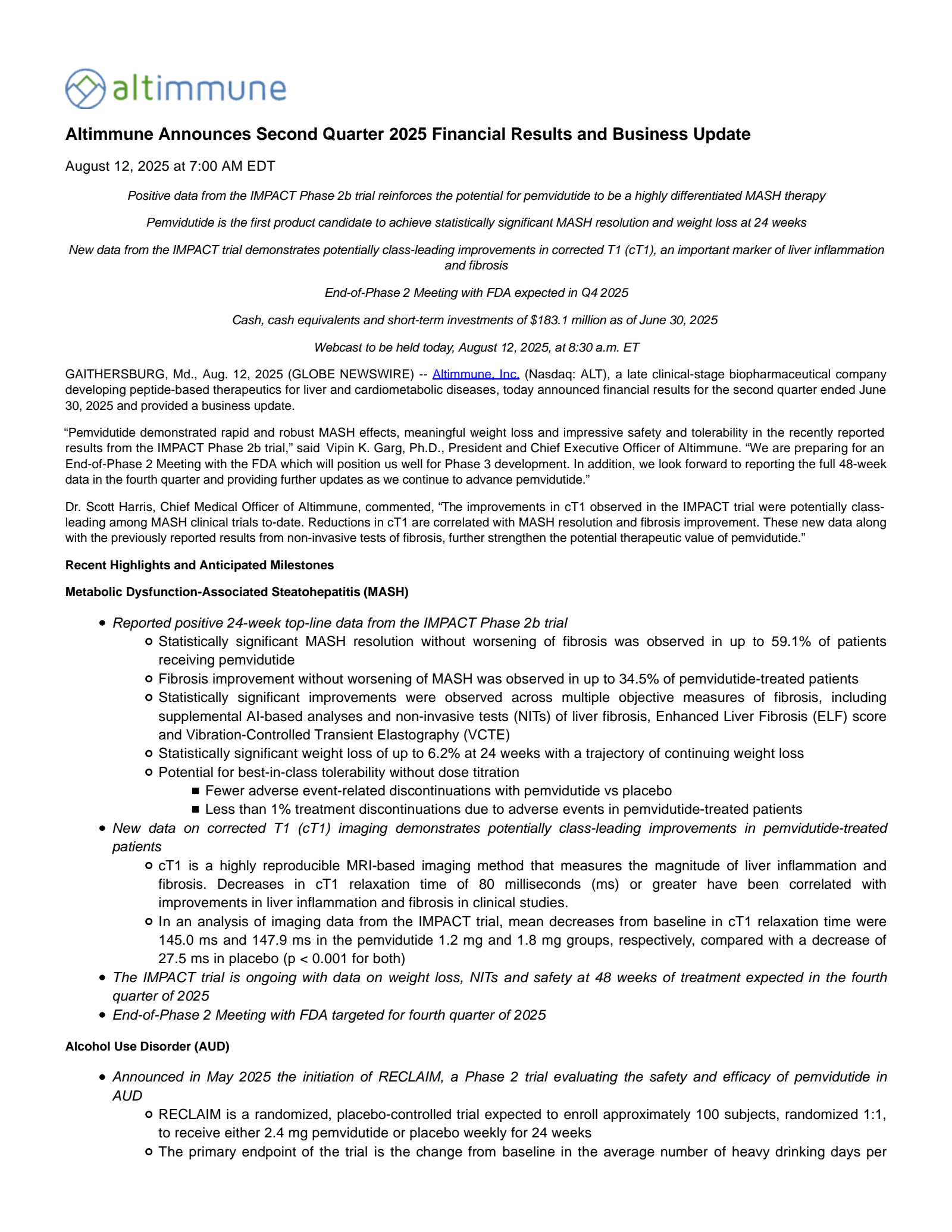 Altimmune's Q2 2025 Press Release