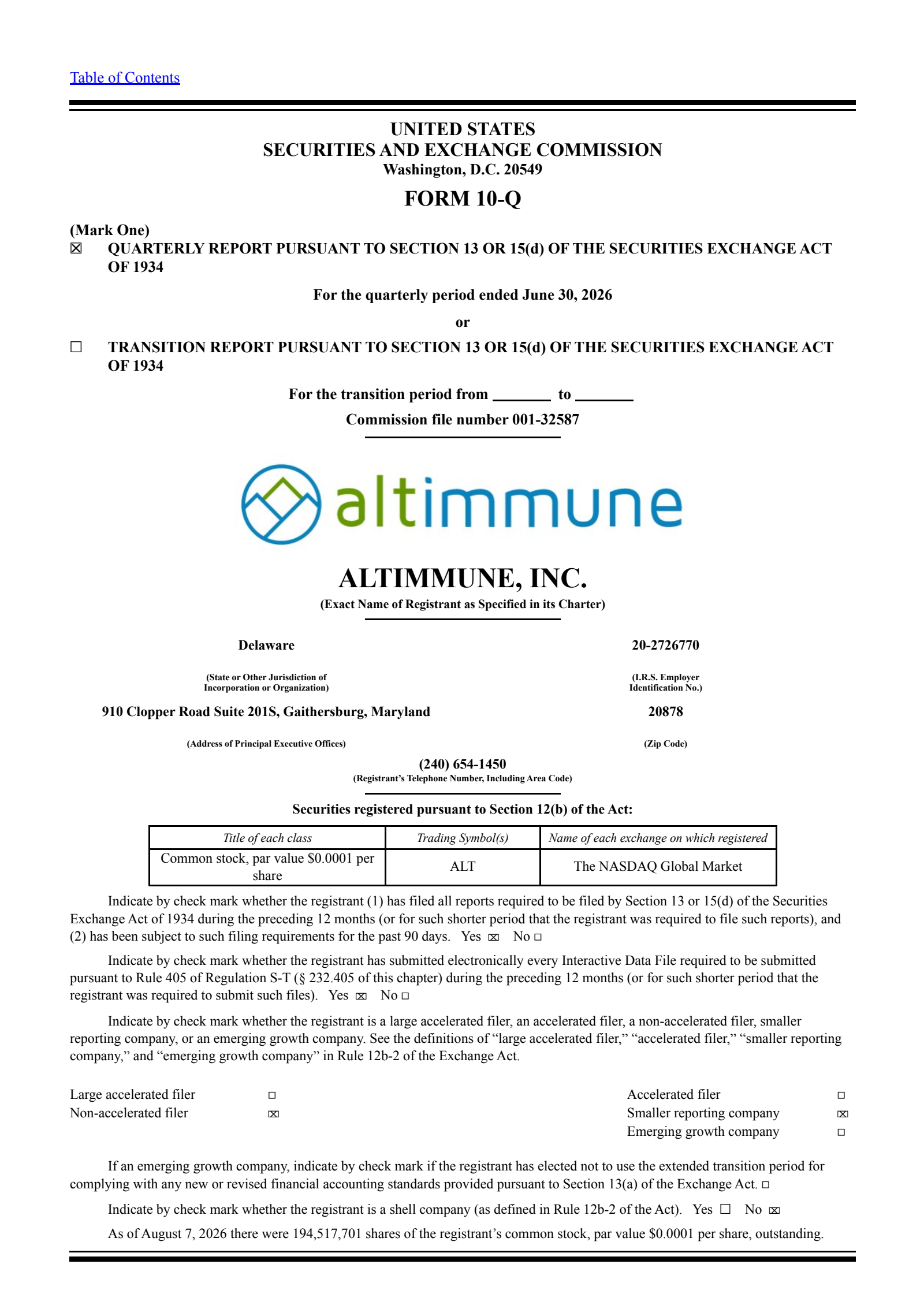 Altimmune's Q2 2026 Quarterly report