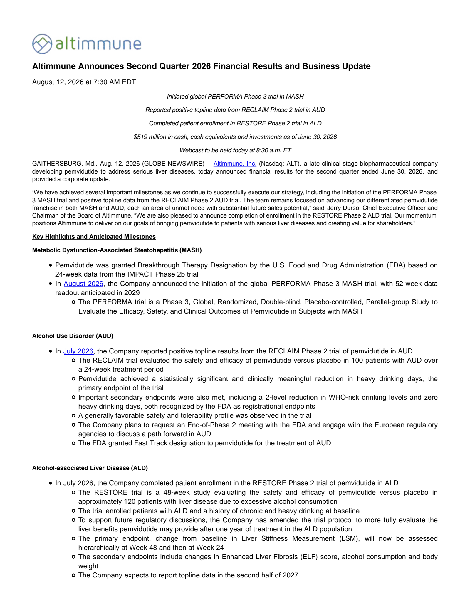 Altimmune's Q2 2026 Press Release